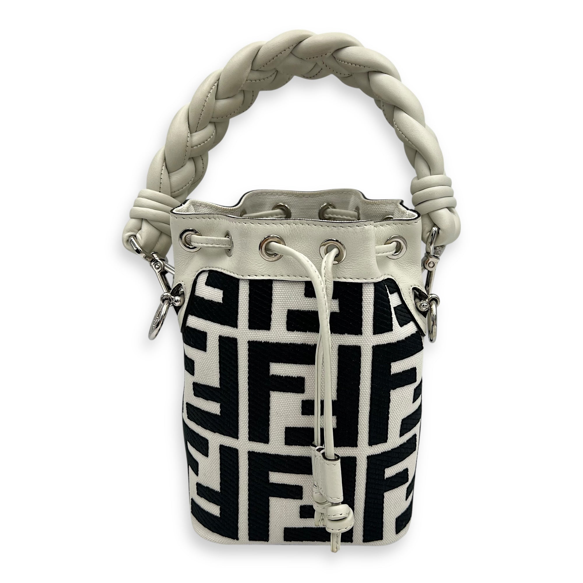 Fendi Mon Tresor White Bucket Bag in Canvas, Silver hardware_1
