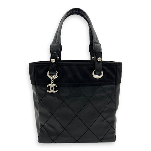 Chanel Paris Biarritz Shoulder Bag Black in Coated Canvas, Silver hardware_8