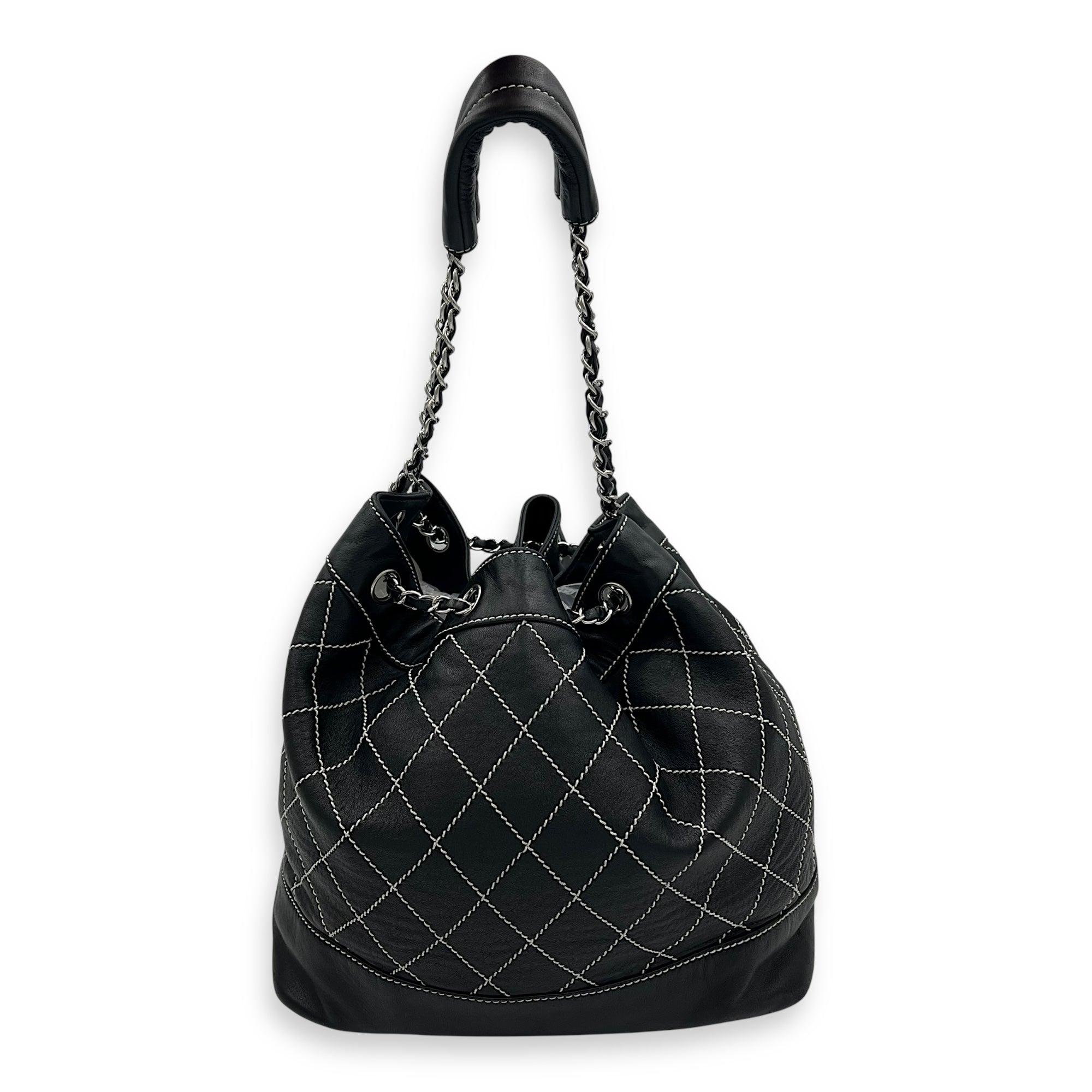 Chanel Surpique Wild Stitch Bucket Bag Black in Lambskin, Silver hardware_1