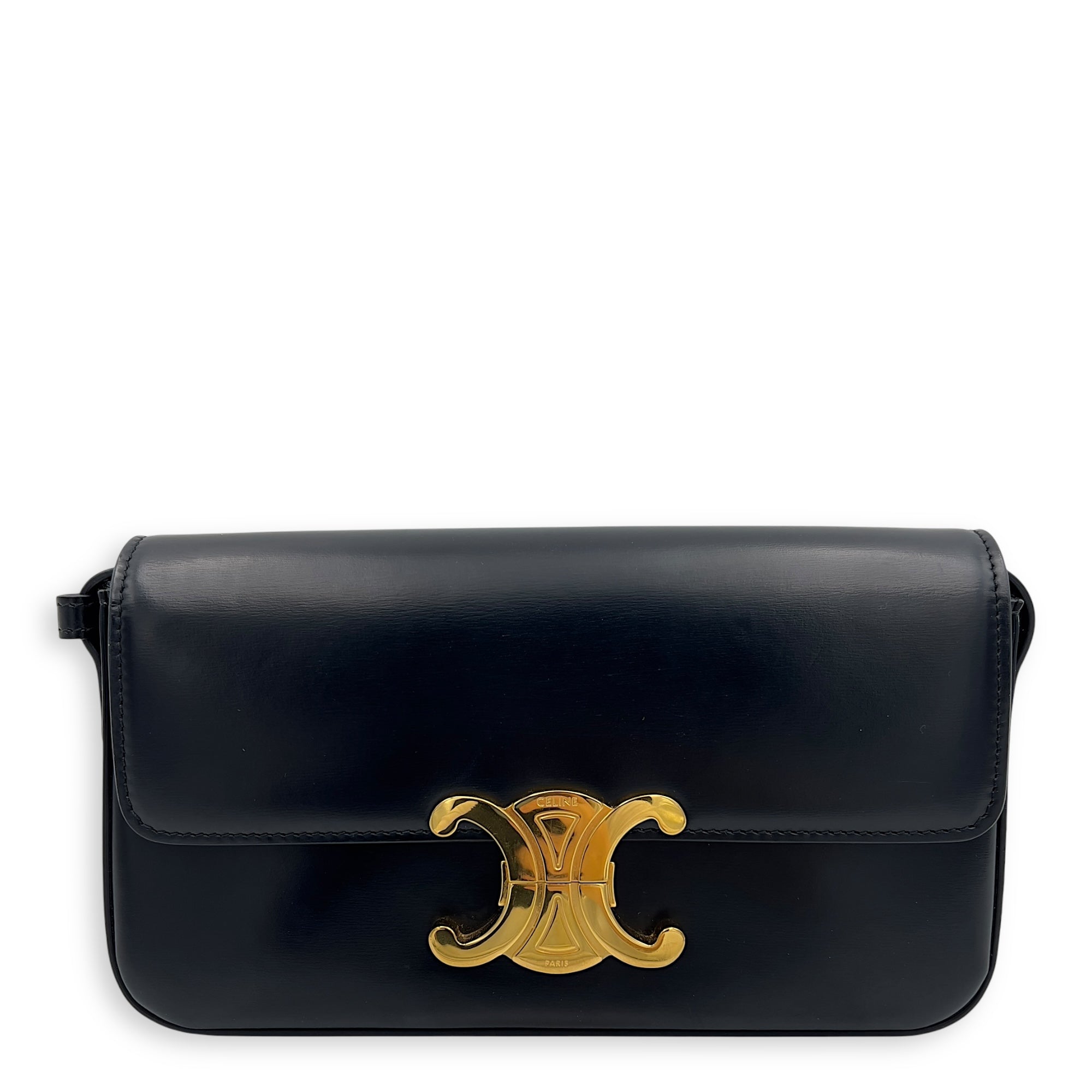 Celine Triomphe Claude Black Shoulder Bag in Calfskin, Gold hardware_1