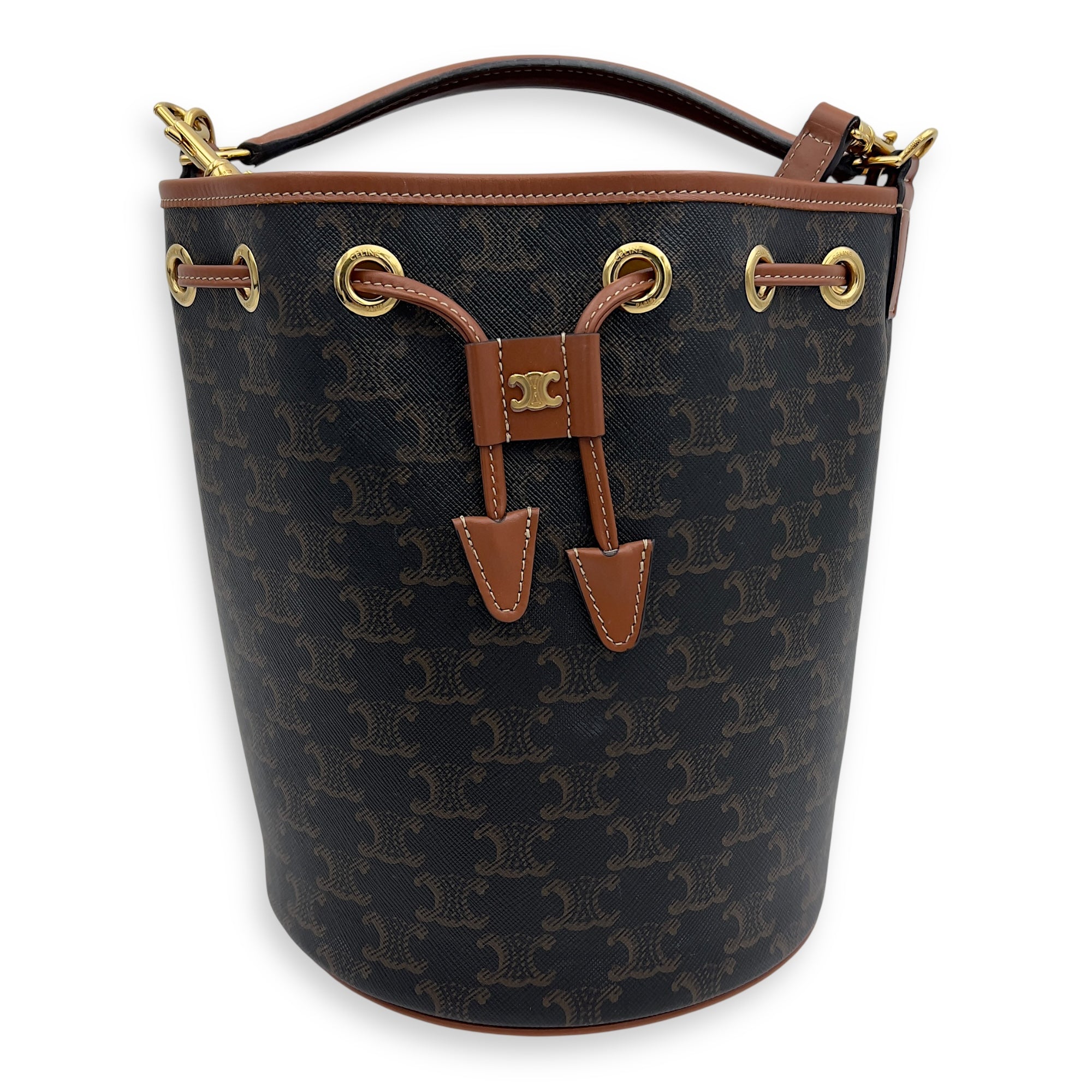 Celine Clara Bucket Bag Brown in Coated Canvas, Gold hardware_1