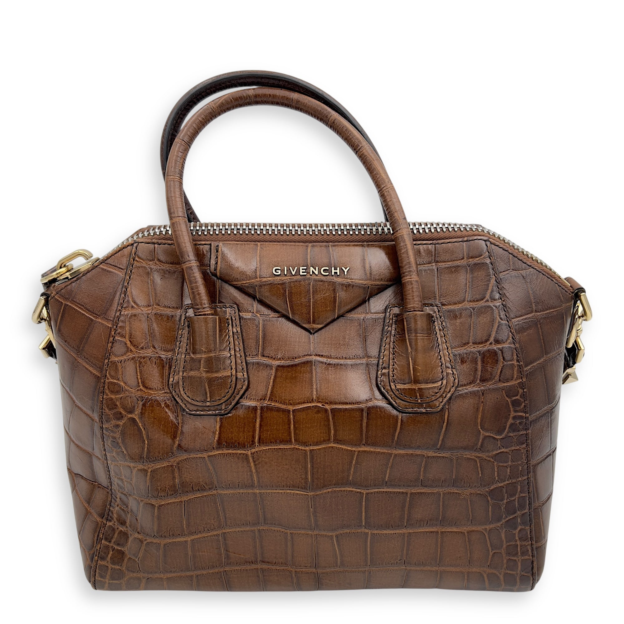 Givenchy Antigona Small Brown Top Handle Bag in Crocodile Embossed Calfskin, Gold hardware_1