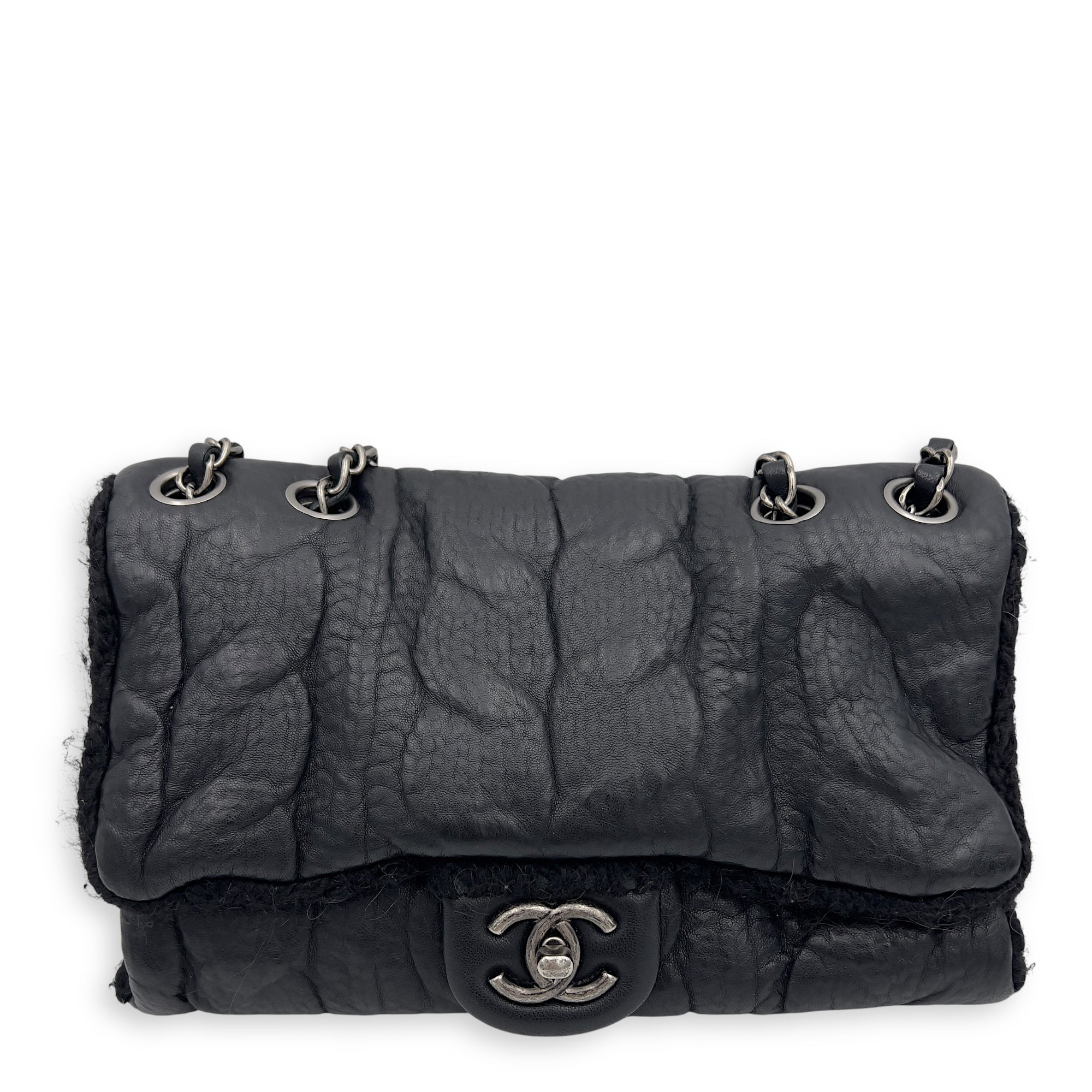 Chanel Paris Edinburgh Chic Knit Shoulder Bag Black in Calfskin, Silver hardware_1