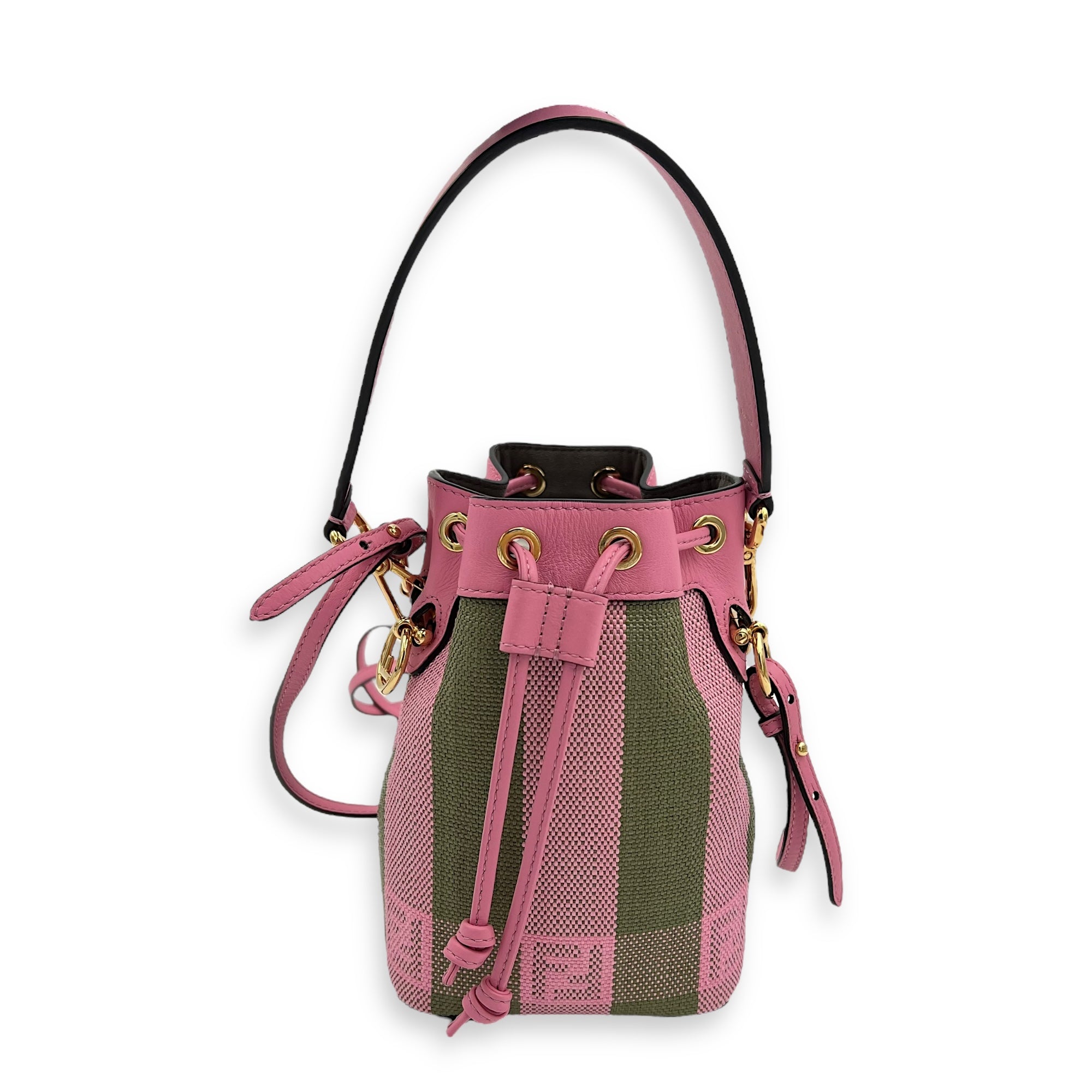 Fendi Mon Tresor Mini Pink Bucket Bag in Raffia, Gold hardware_1