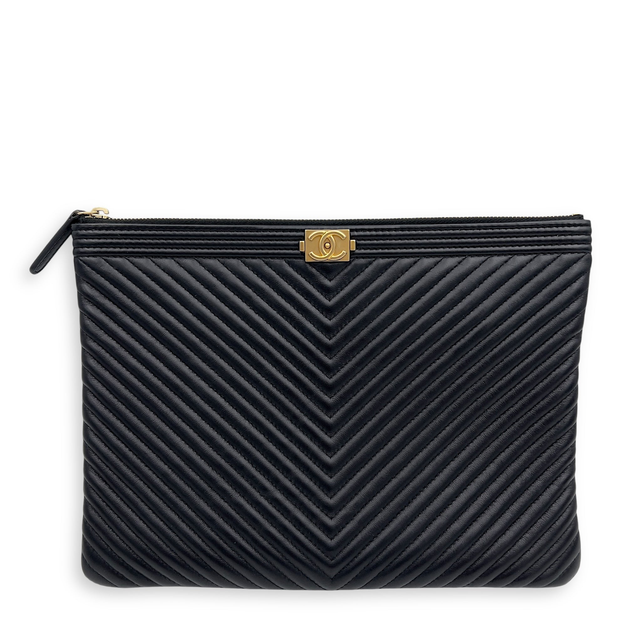 Chanel Chevron Boy Black Clutch in Lambskin, Gold hardware_1