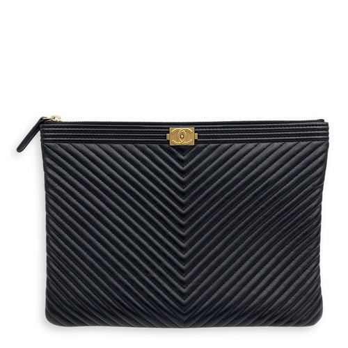 Chanel Chevron Boy Black Clutch in Lambskin, Gold hardware_1