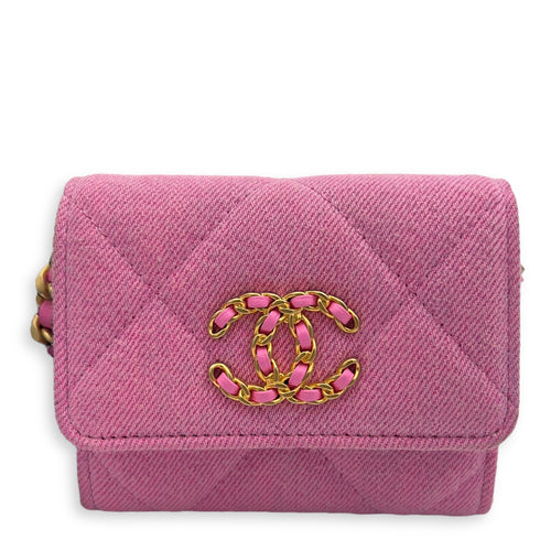 Chanel C19 Pink Wallet On Chain in Denim, Gold hardware_3