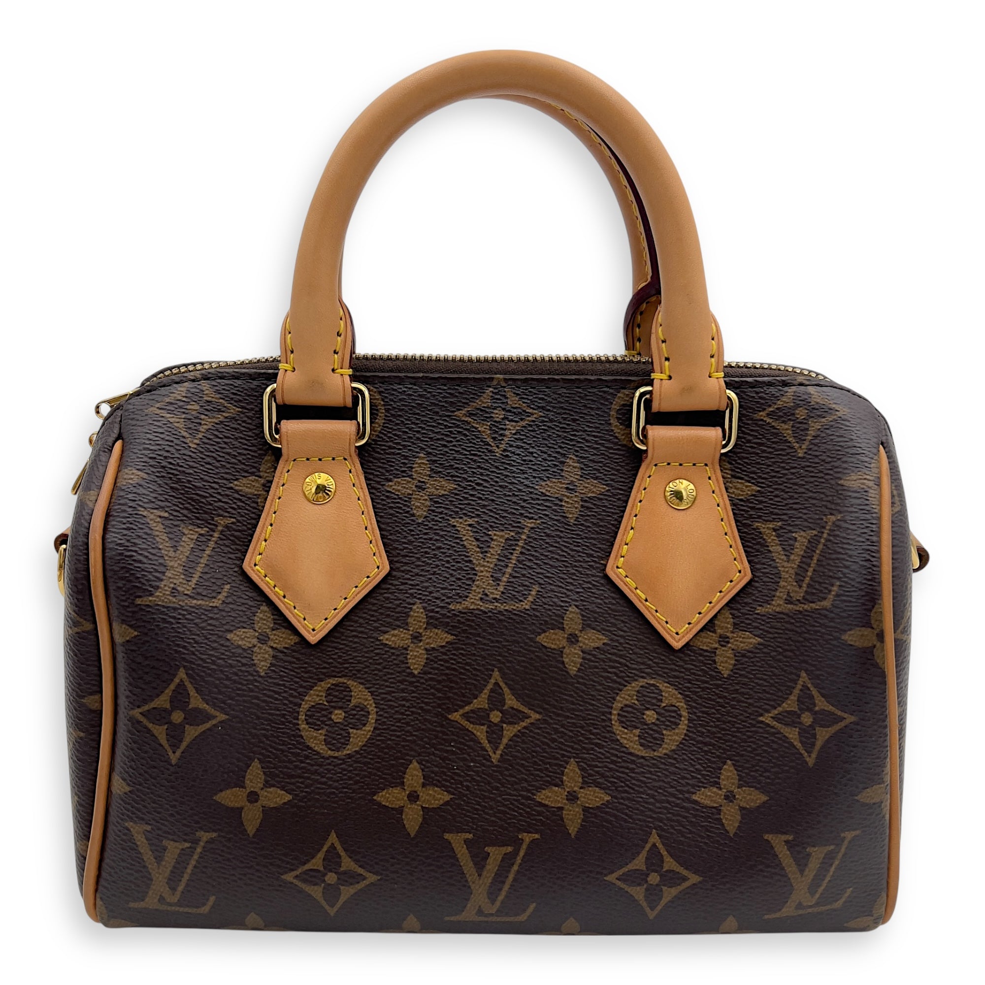 Louis Vuitton Speedy Bandouliere Top Handle Bag 20 Brown in Monogram Coated Canvas, Gold hardware_1