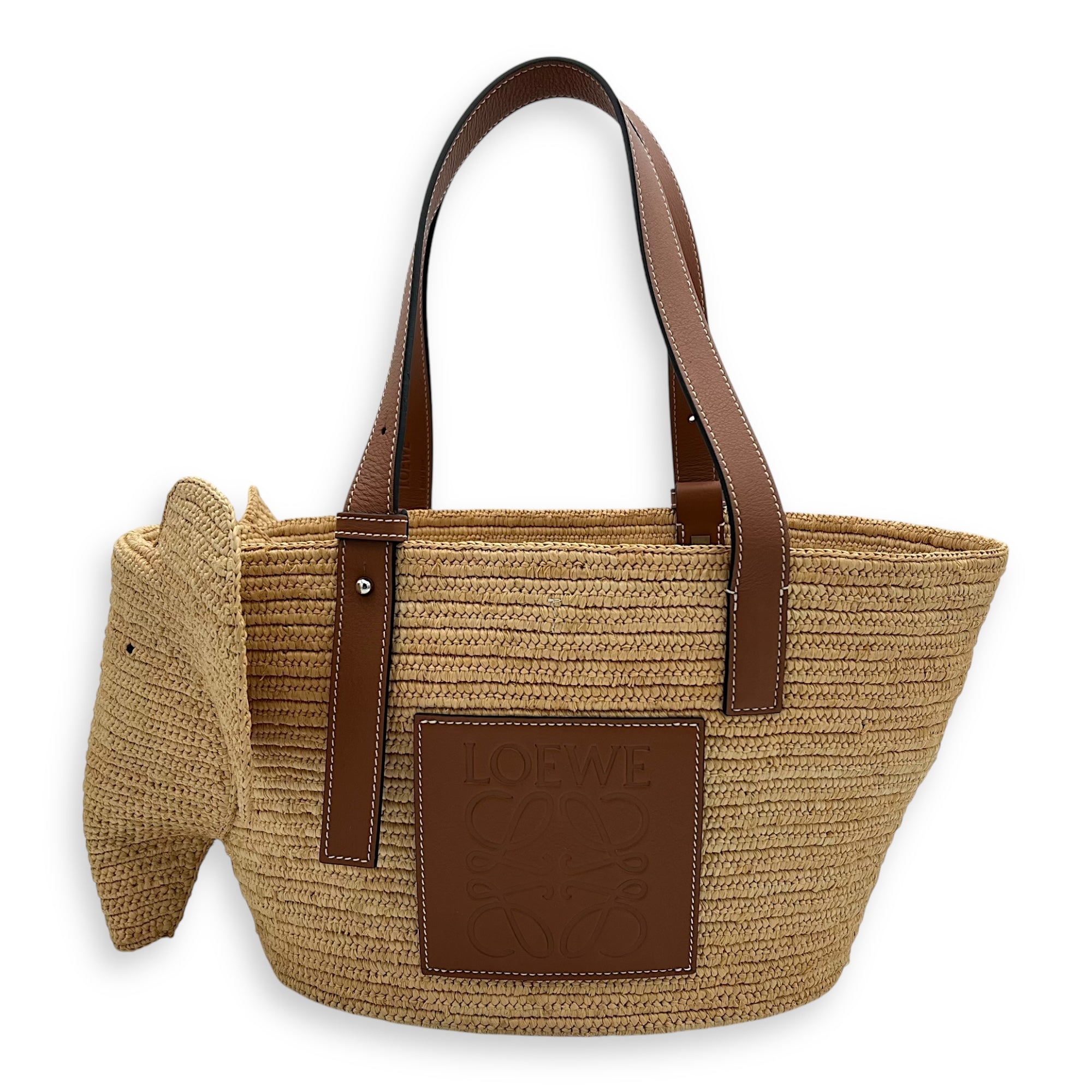 Loewe Elephant Top Handle Bag Beige in Raffia, Silver hardware_1
