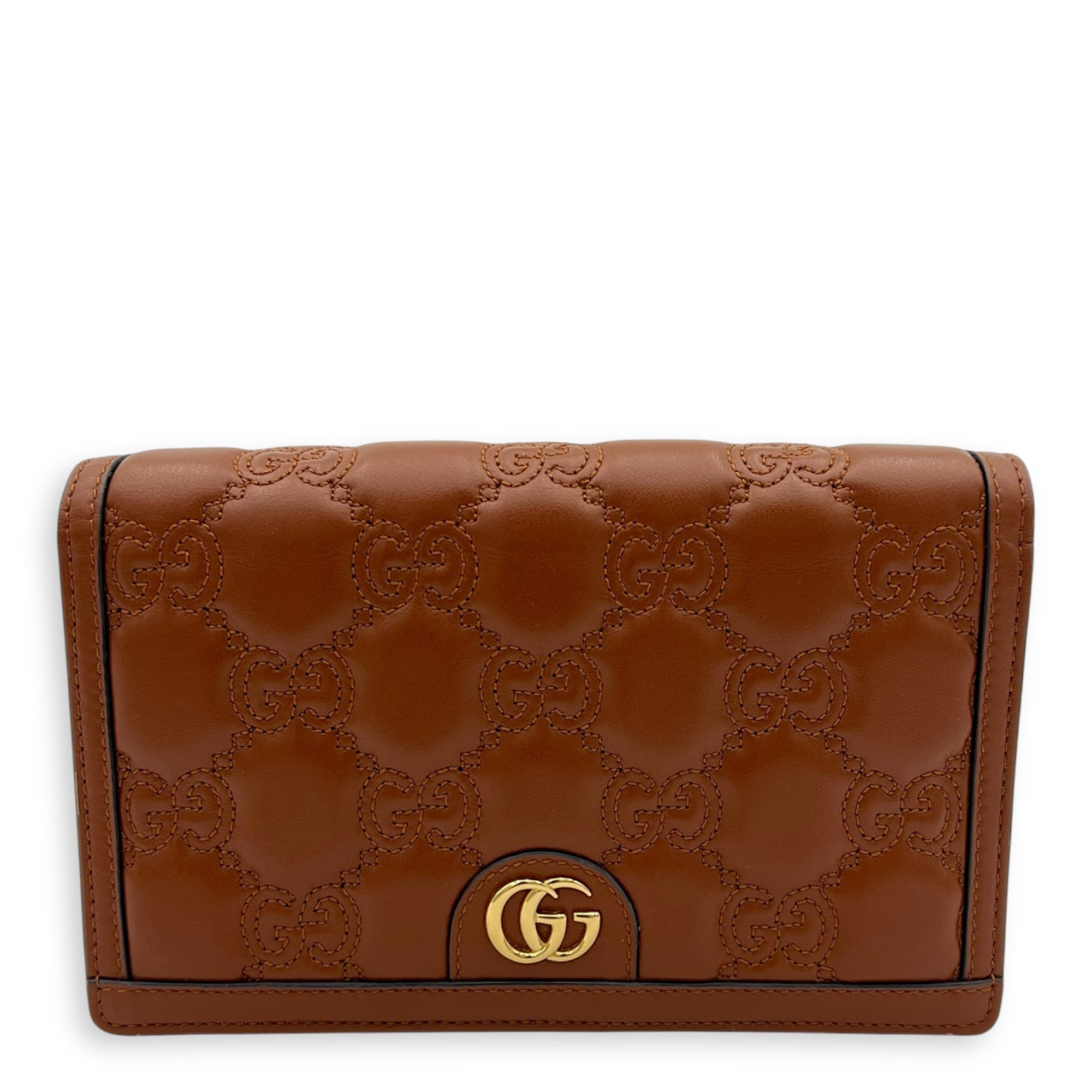 Gucci Matelassé Wallet On Chain Brown in Calfskin, Gold hardware_8