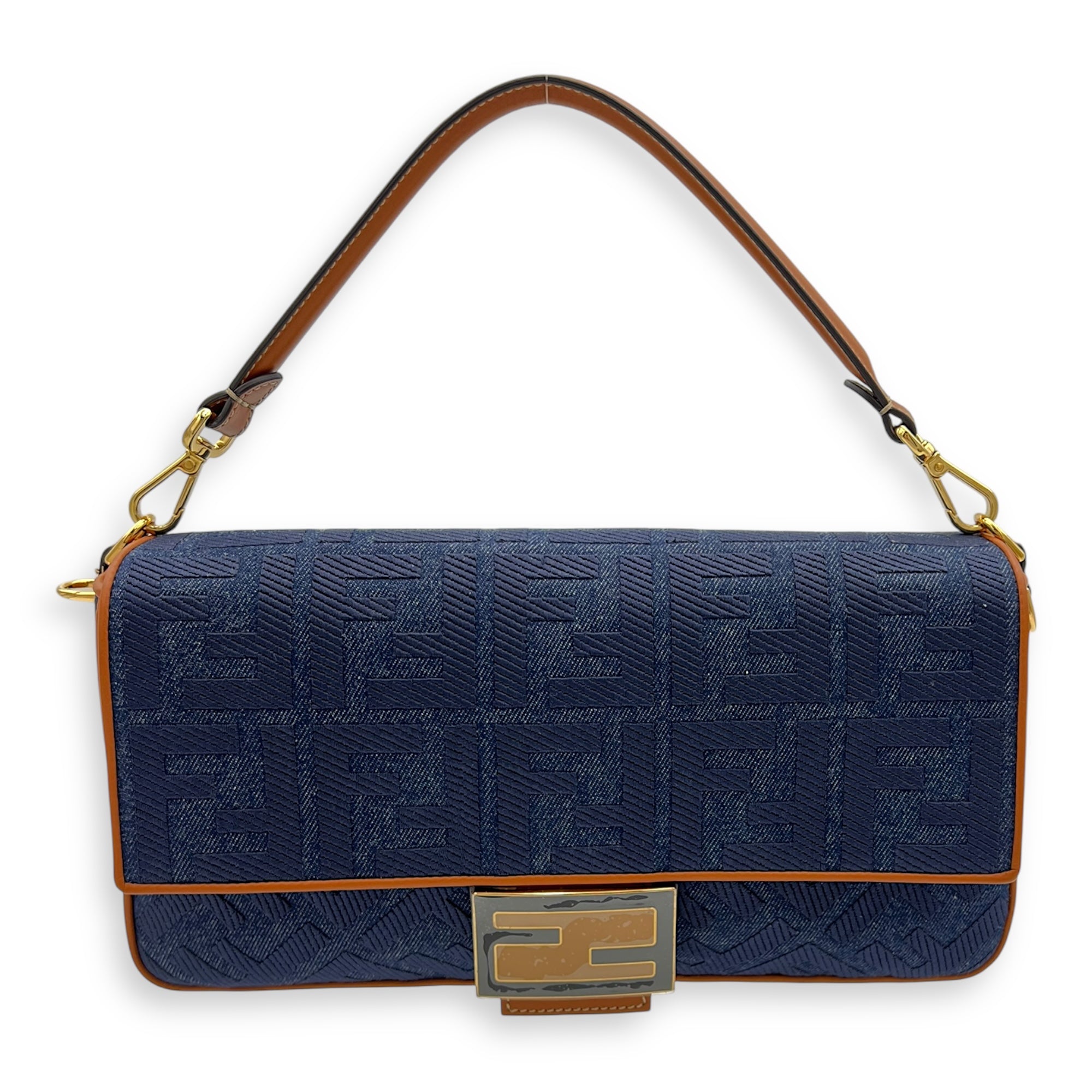 Fendi Baguette Shoulder Bag Blue in Denim, Gold hardware_11