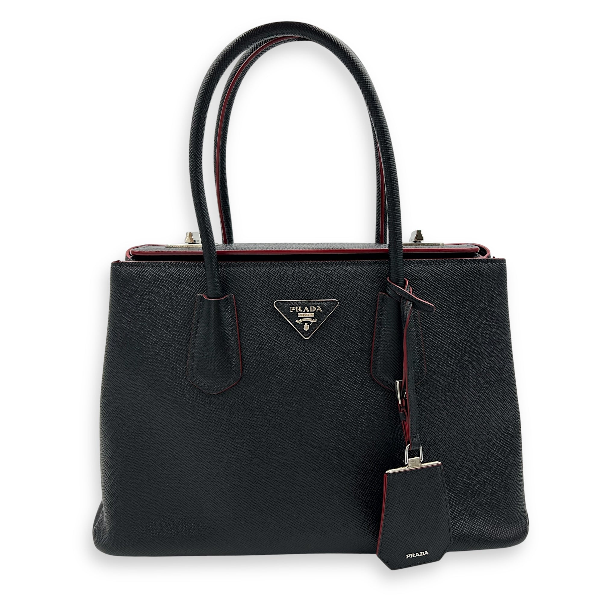 Prada 2 way turnlock bag Top Handle Bag Black in Saffiano Leather, Silver hardware_1