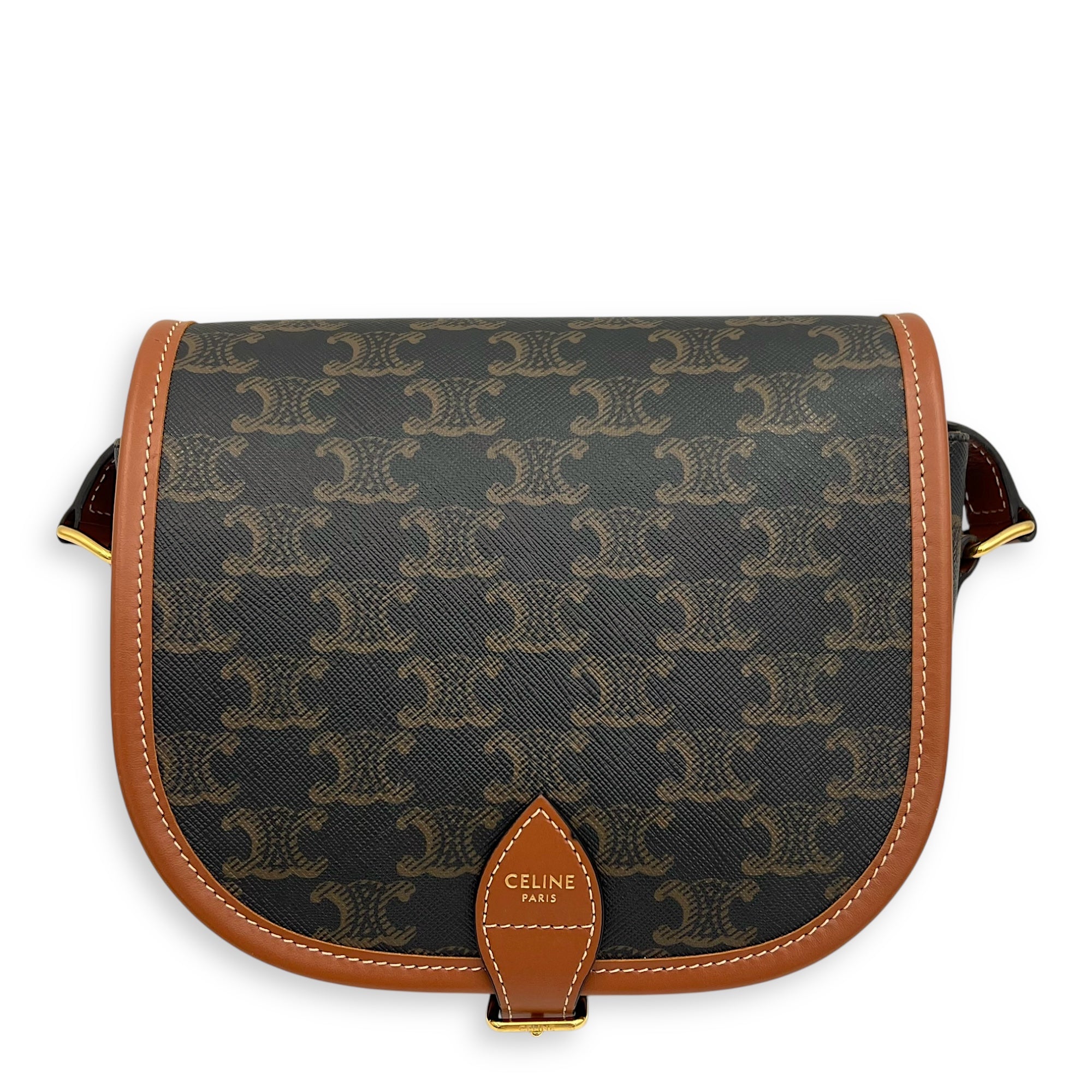 Celine Folco Crossbody Bag Brown in Coated Canvas, Gold hardware_1