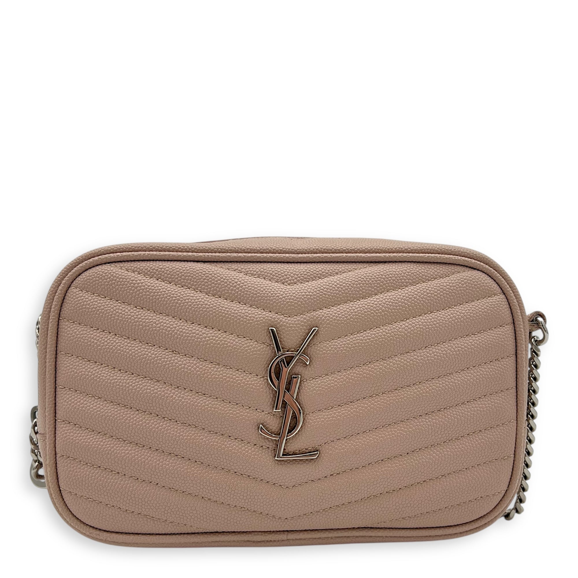 Saint Laurent Lou Shoulder Bag Mini Beige in Caviar Leather, Silver hardware_11