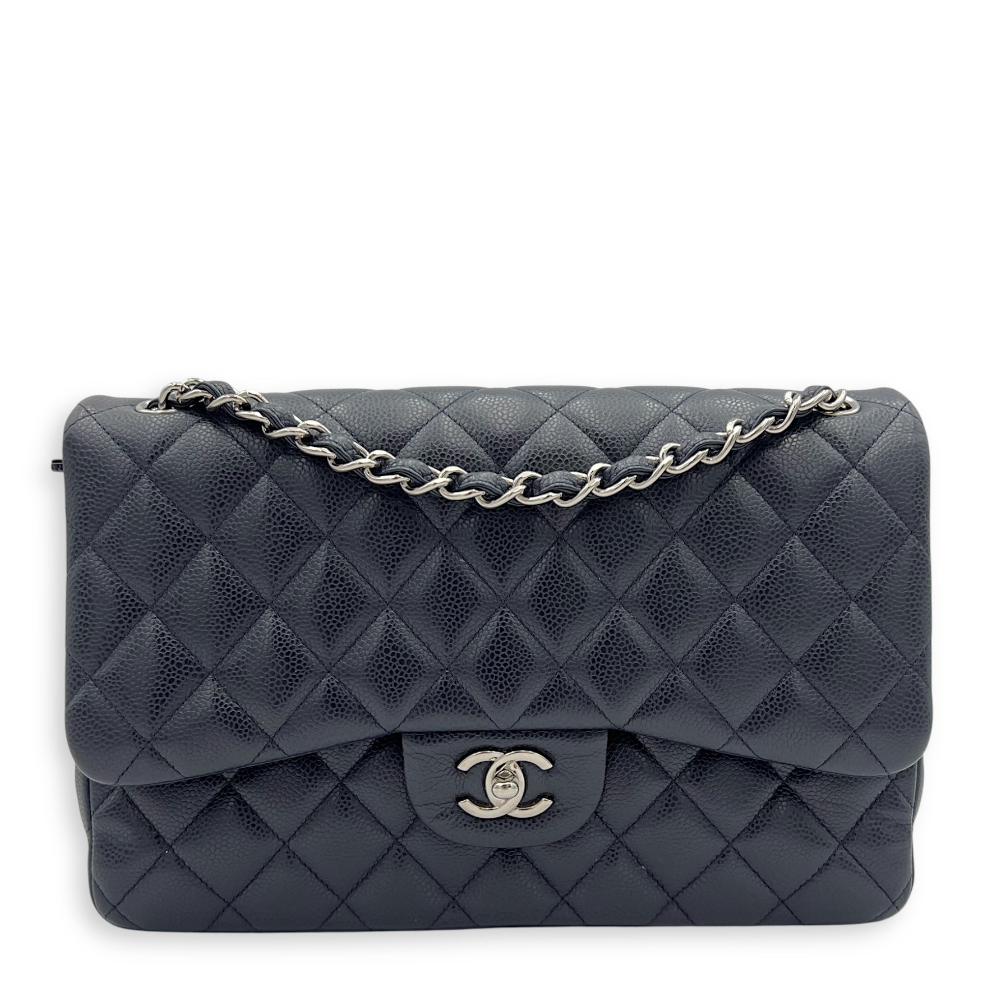 Chanel Classic Jumbo Blue Shoulder Bag in Caviar Leather, Silver hardware_12
