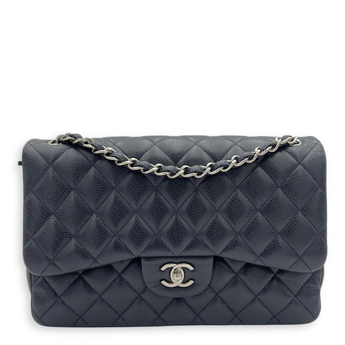 Chanel Classic Jumbo Blue Shoulder Bag in Caviar Leather, Silver hardware_12