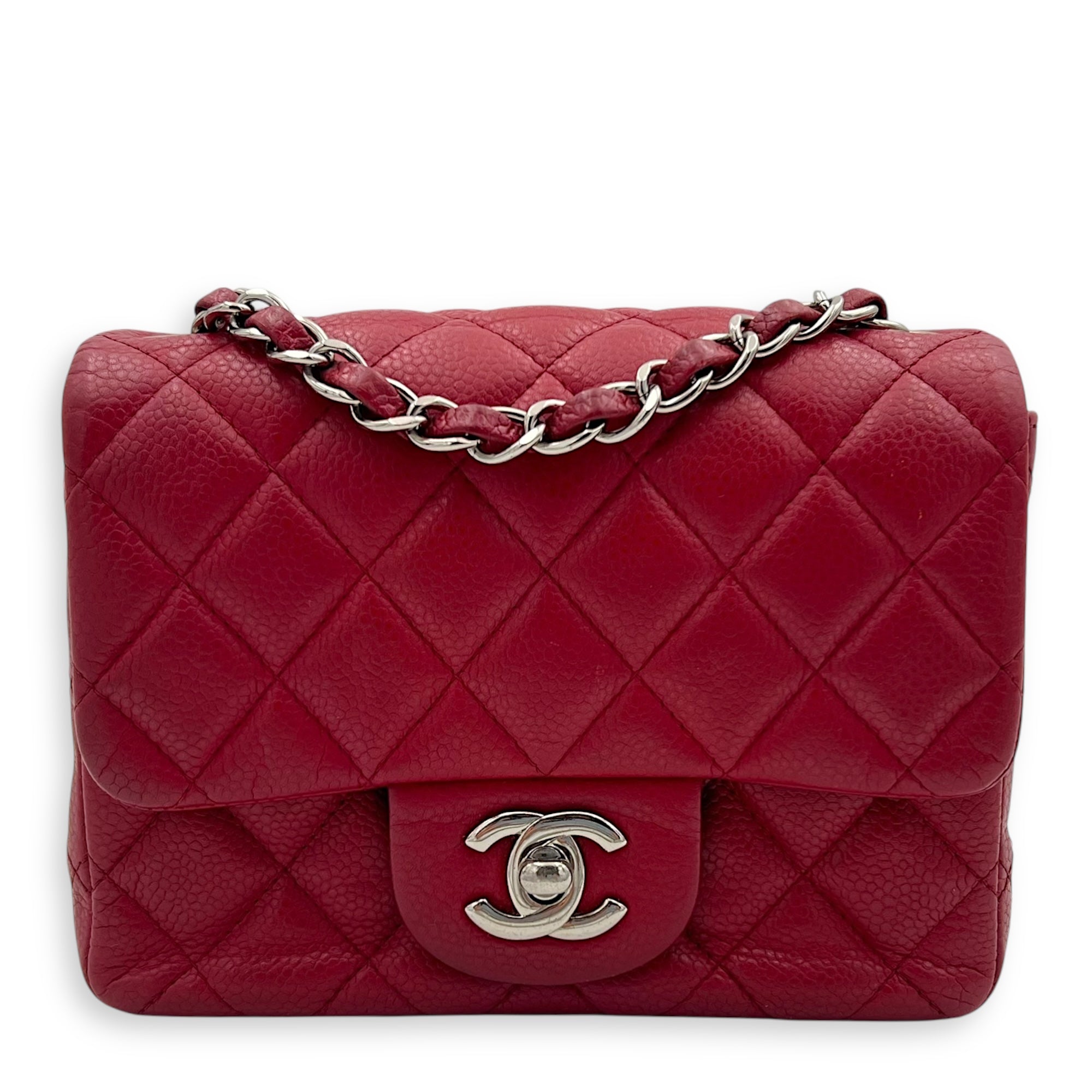 Chanel CC Mini Square Shoulder Bag Red in Caviar Leather, Silver hardware_1