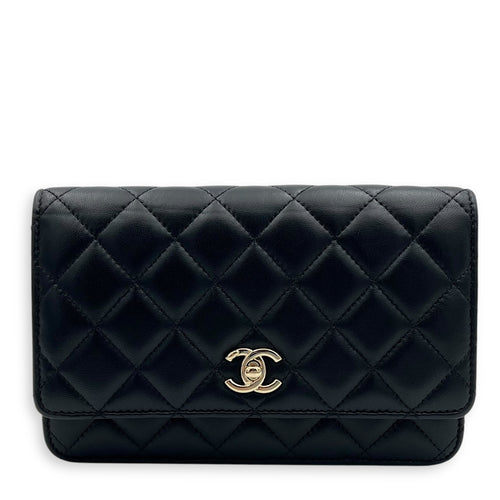 Chanel CC Pearl Crush Checkered Black Wallet On Chain in Lambskin, Light Gold hardware_1