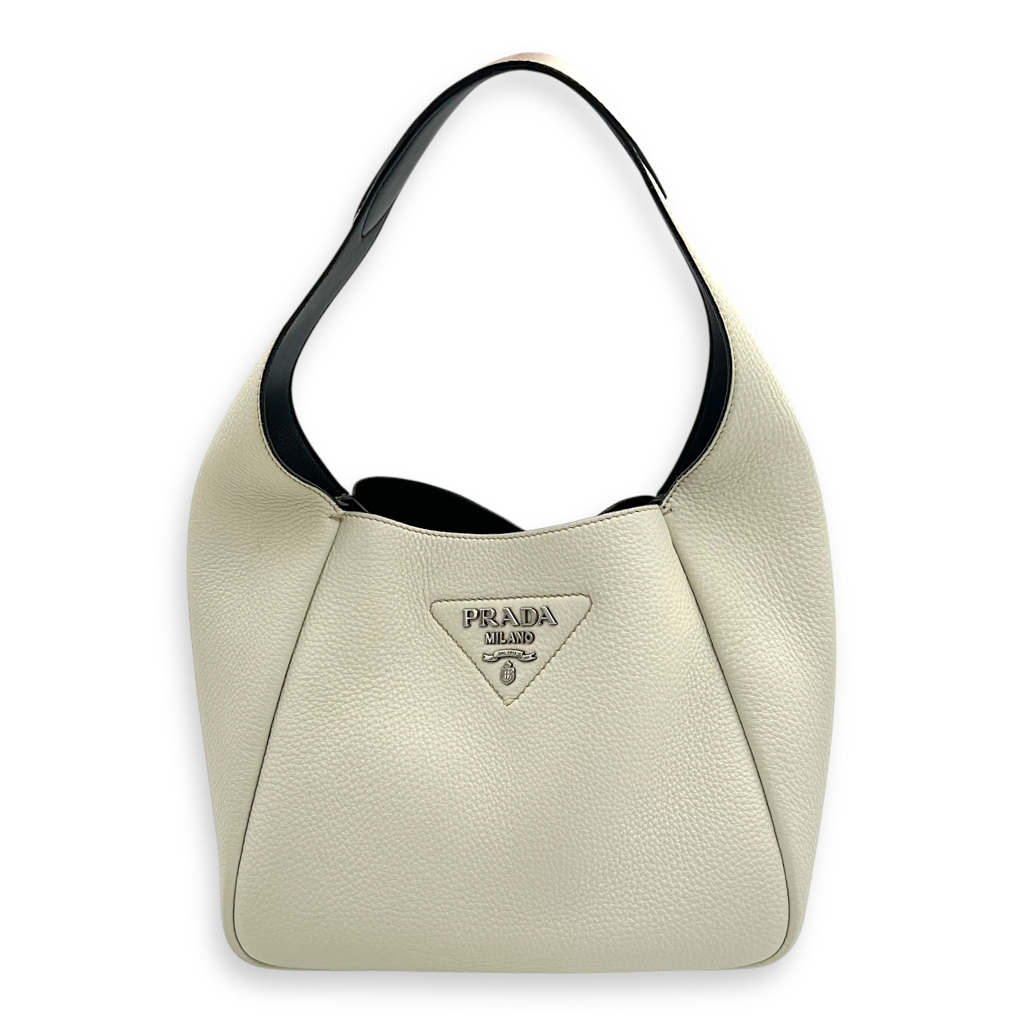Prada Logo Tote Bag White in Soft Grained Calfskin, Silver hardware_1