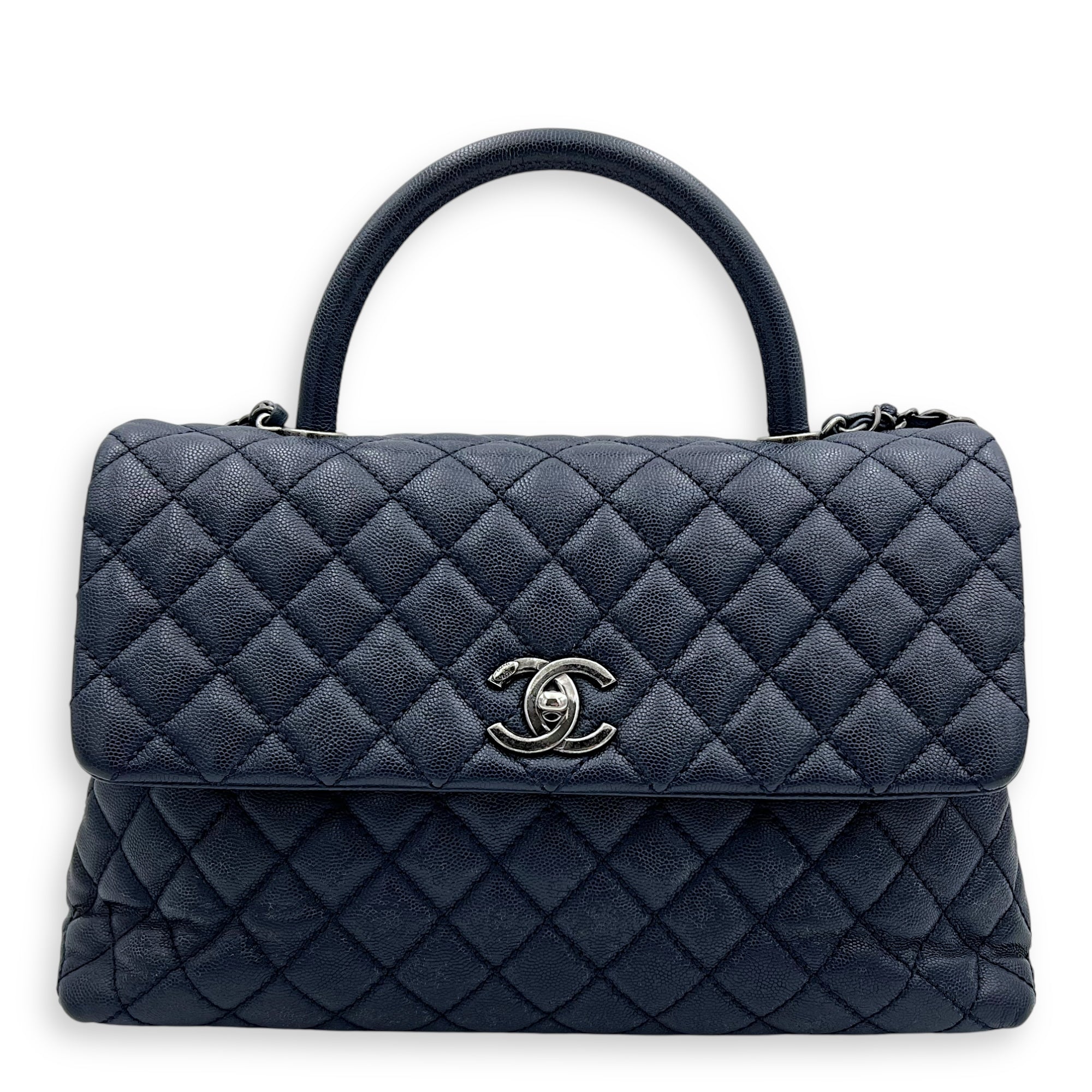 Chanel Coco Handle Quilted Top Handle Bag Blue in Caviar Leather, Silver hardware_1