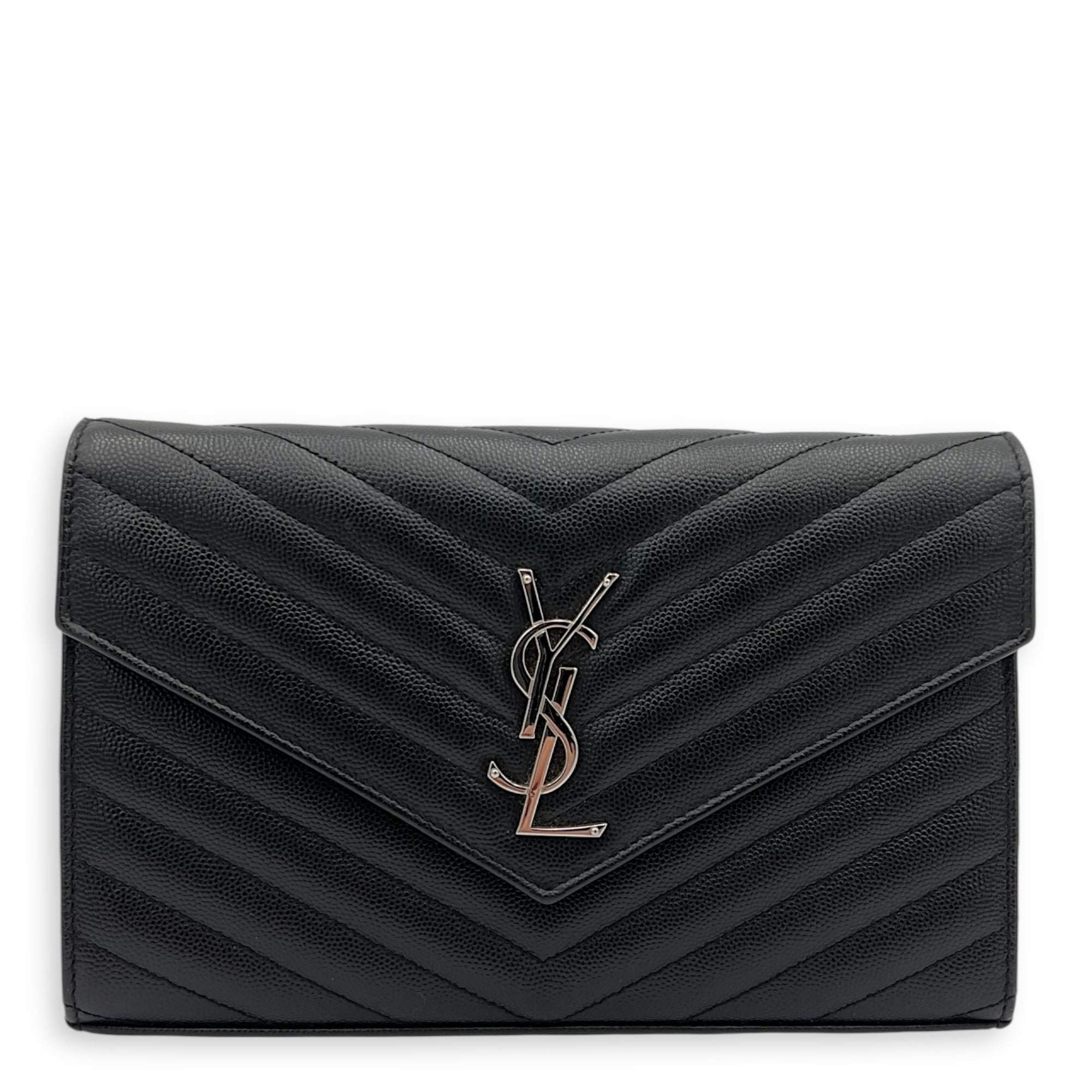 Saint Laurent Cassandre Wallet On Chain Black in Calfskin, Silver hardware_13