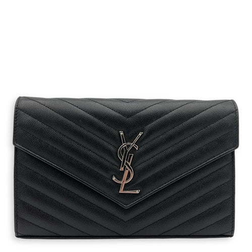 Saint Laurent Cassandre Wallet On Chain Black in Calfskin, Silver hardware_13