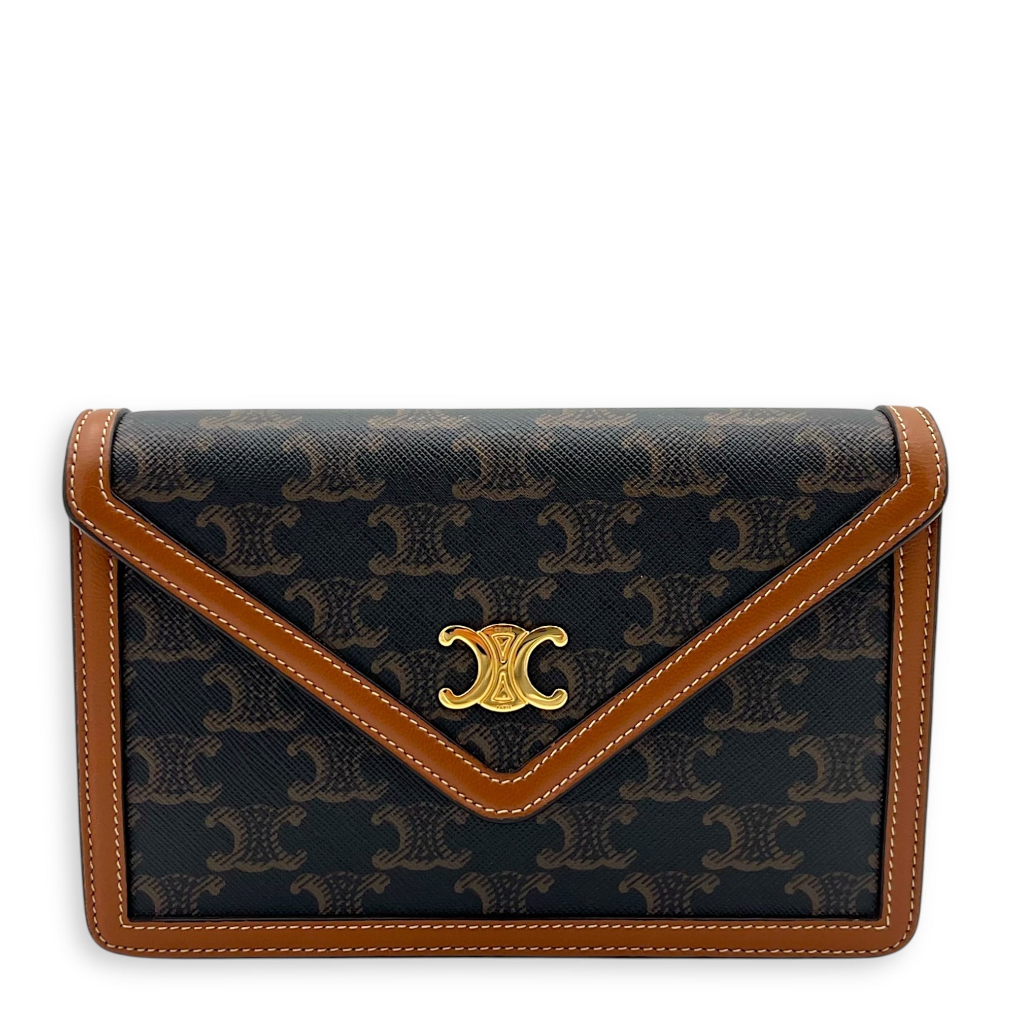 Celine Triomphe Wallet On Chain Brown in Coated Canvas, Gold hardware_1