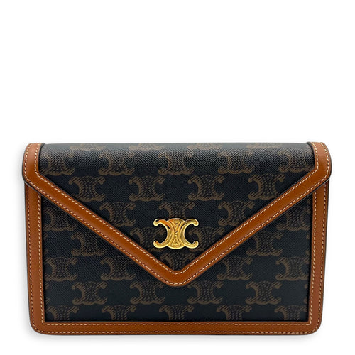 Celine Triomphe Wallet On Chain Brown in Coated Canvas, Gold hardware_1