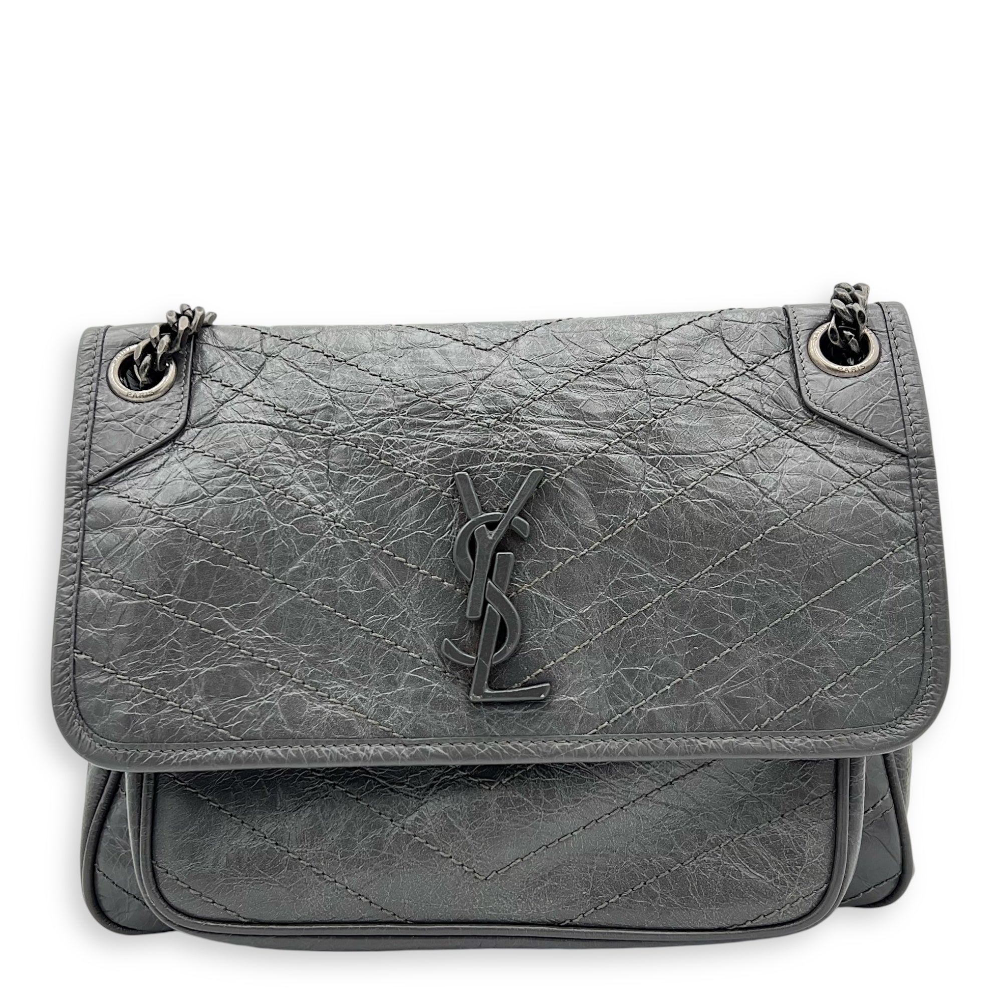 Saint Laurent Niki Shoulder Bag Grey in Calfskin, Ruthenium hardware_1
