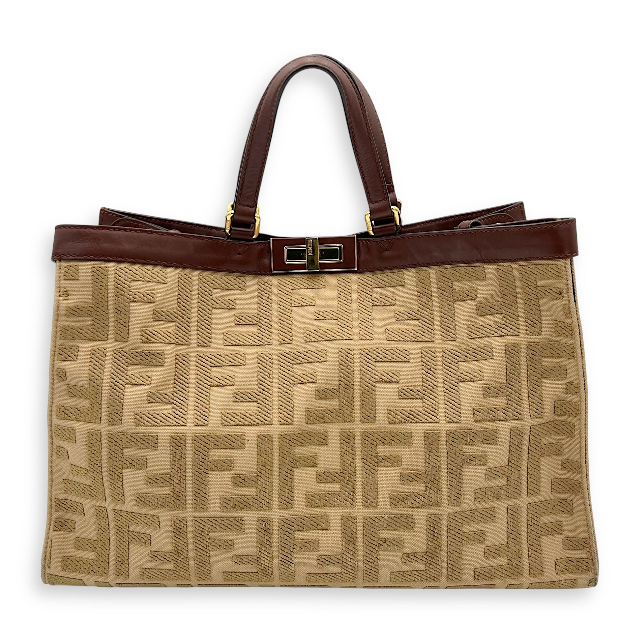 Fendi Peekaboo Brown Top Handle Bag in Canvas, Gold hardware_1
