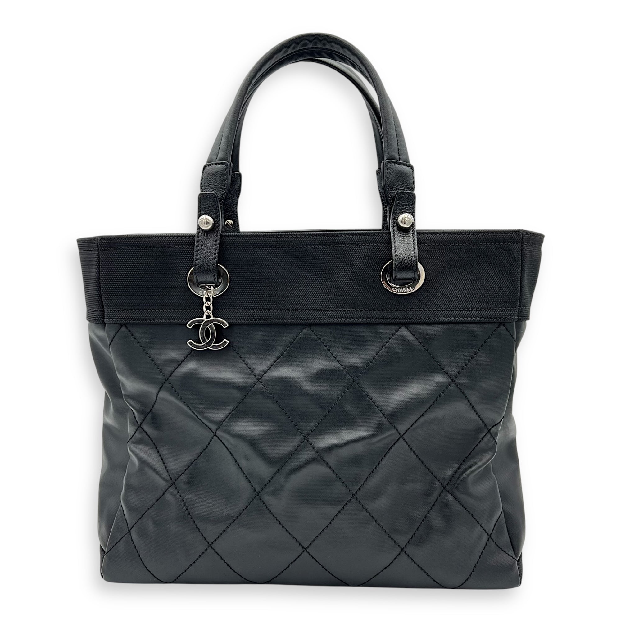 Chanel Paris Biarritz Tote Bag Black in Coated Canvas, Silver hardware_1