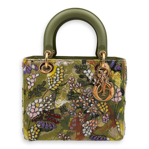 Dior Lady Dior Medium Green Top Handle Bag in Embroidered, Rose Gold hardware_1