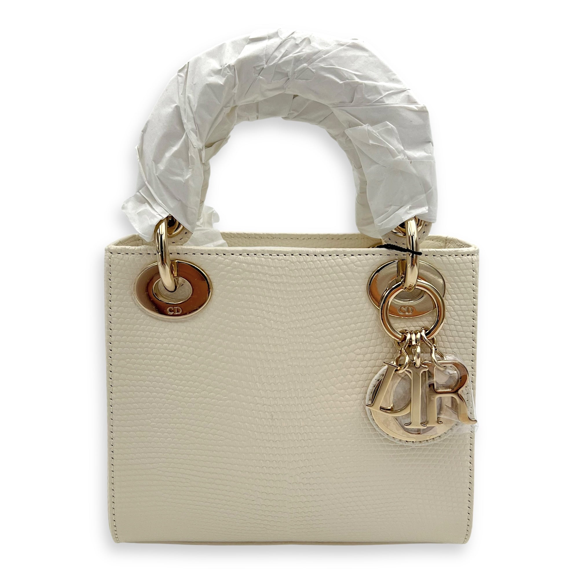 Dior Lady Dior Top Handle Bag Mini White in Lizard, Gold hardware_1
