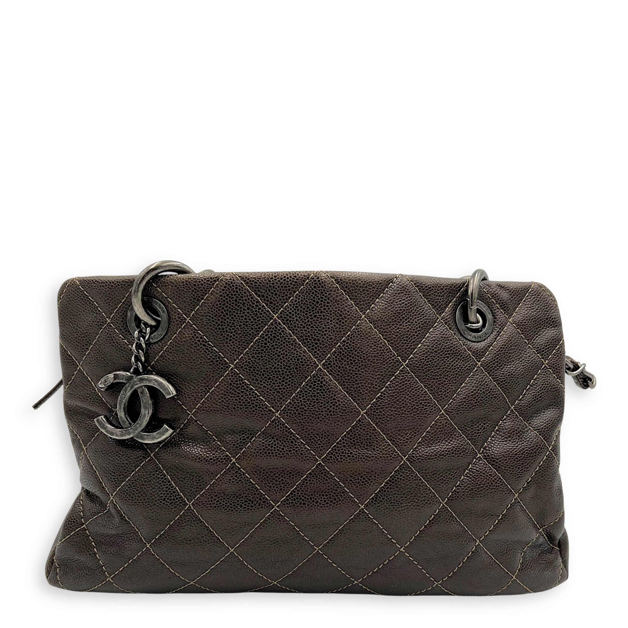 Chanel Quilted Wildstitch Tote Bag Brown in Caviar Leather, Silver hardware_1