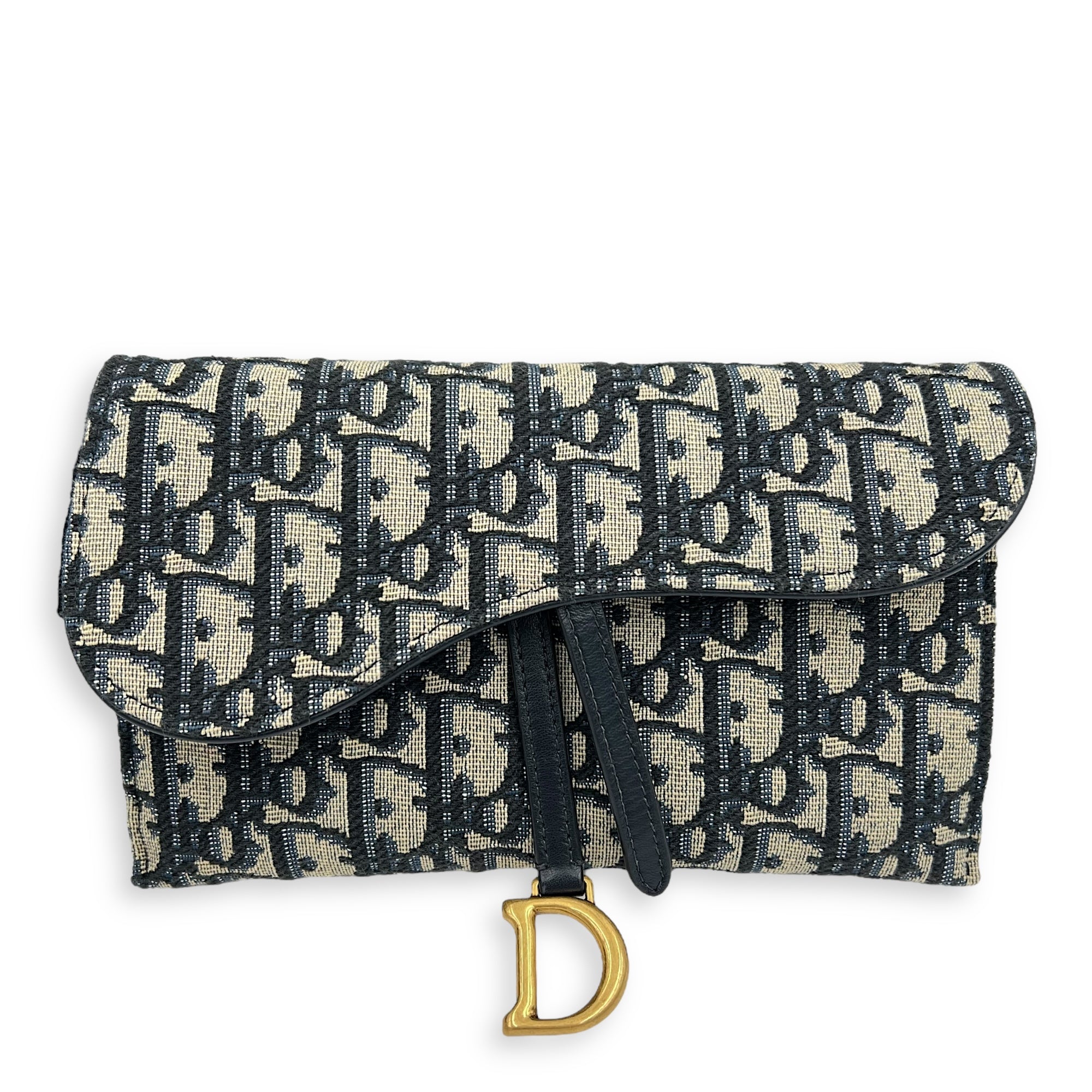 Dior Saddle Blue Wallet On Chain in Jacquard, Gold hardware_1