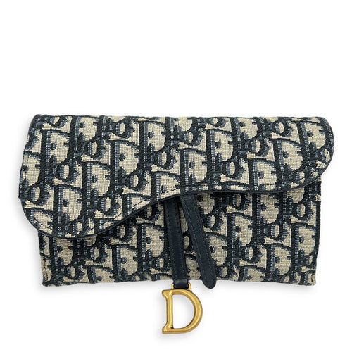 Dior Saddle Blue Wallet On Chain in Jacquard, Gold hardware_1