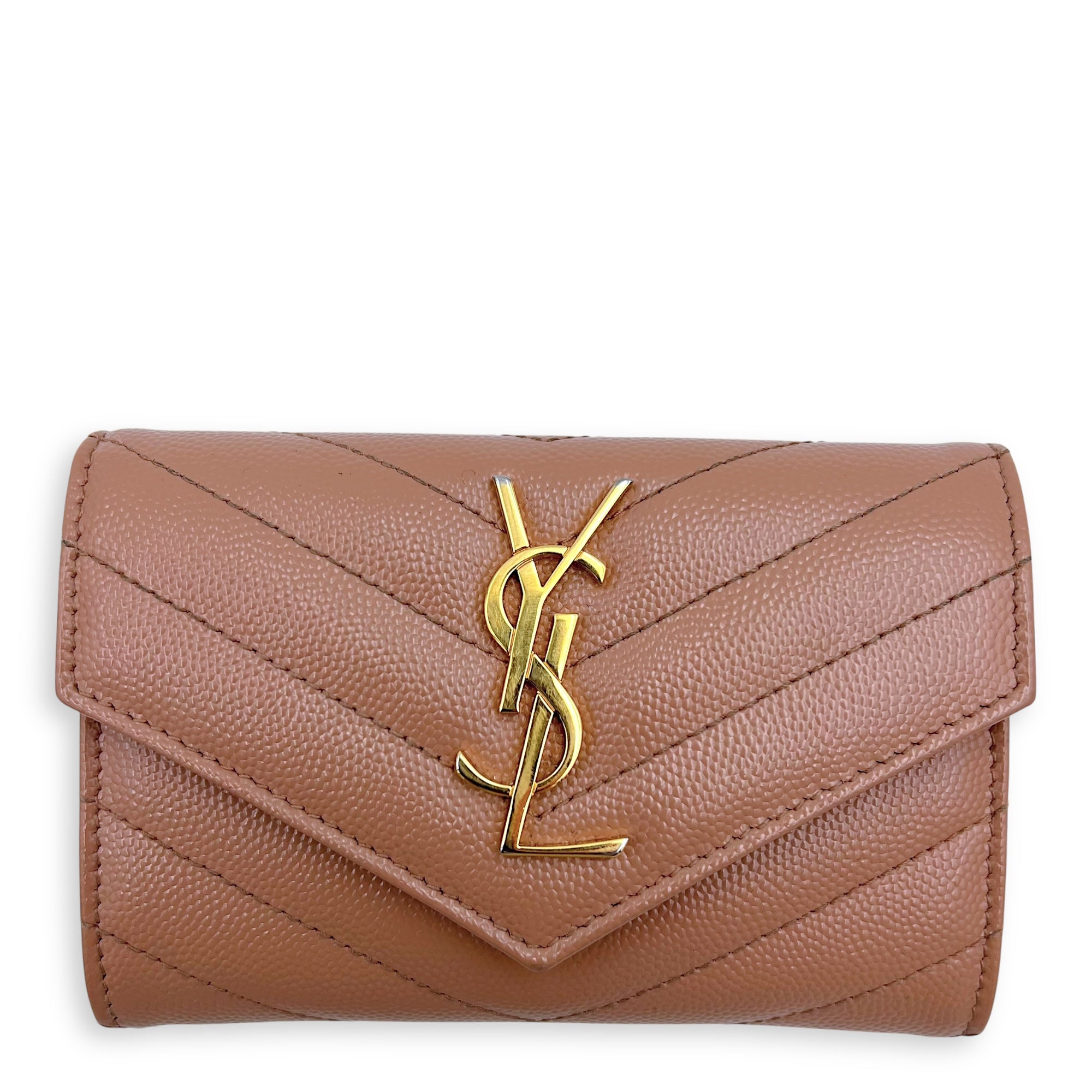 Saint Laurent Cassandre Brown Wallet in Calfskin, Gold hardware_1
