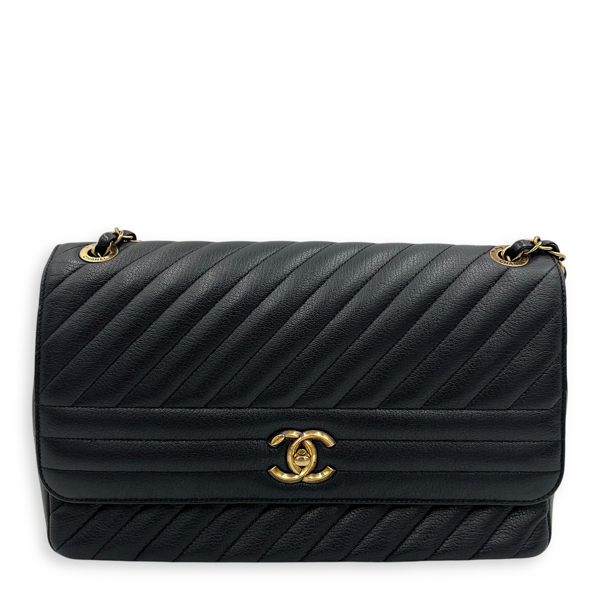 Chanel Diagonal Quilted Shoulder Bag Black in Goat Leather, Gold hardware_1