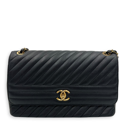 Chanel Diagonal Quilted Shoulder Bag Black in Goat Leather, Gold hardware_1