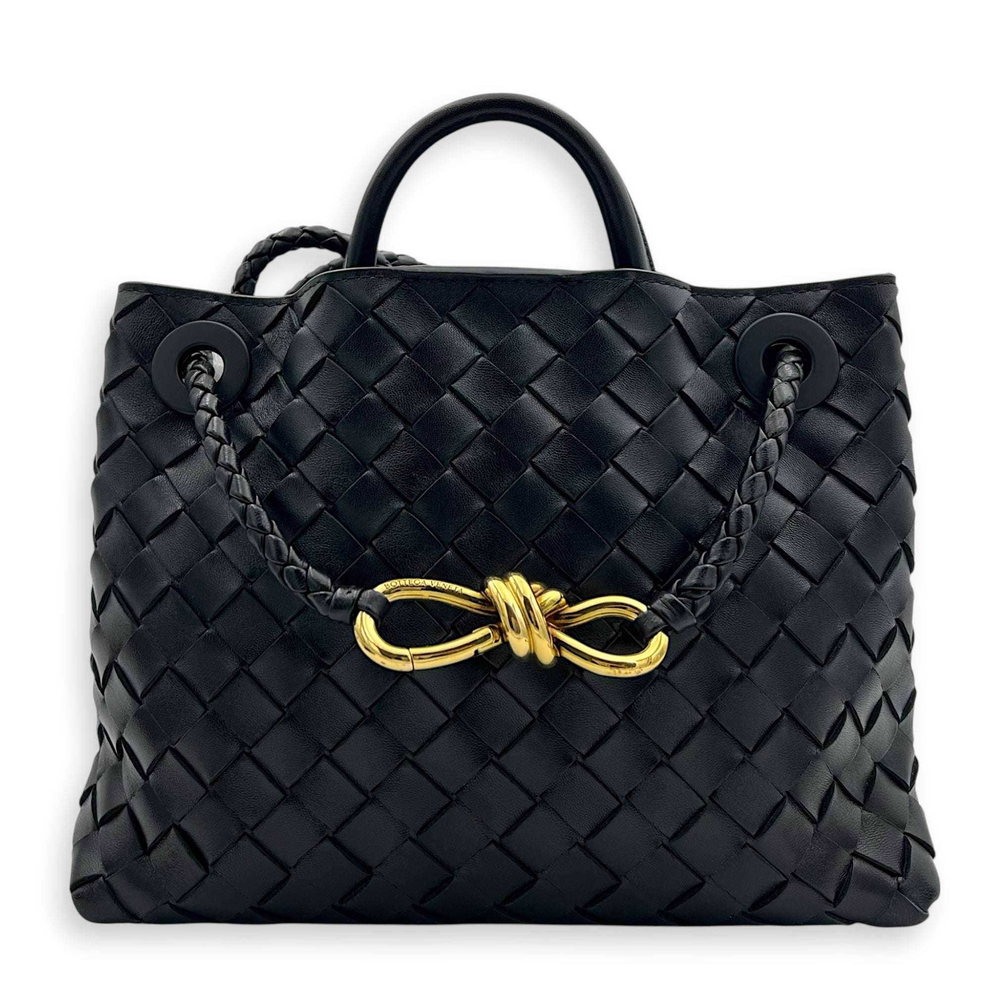 Bottega Veneta Andiamo Small Black Top Handle Bag in Calfskin, Gold hardware_1