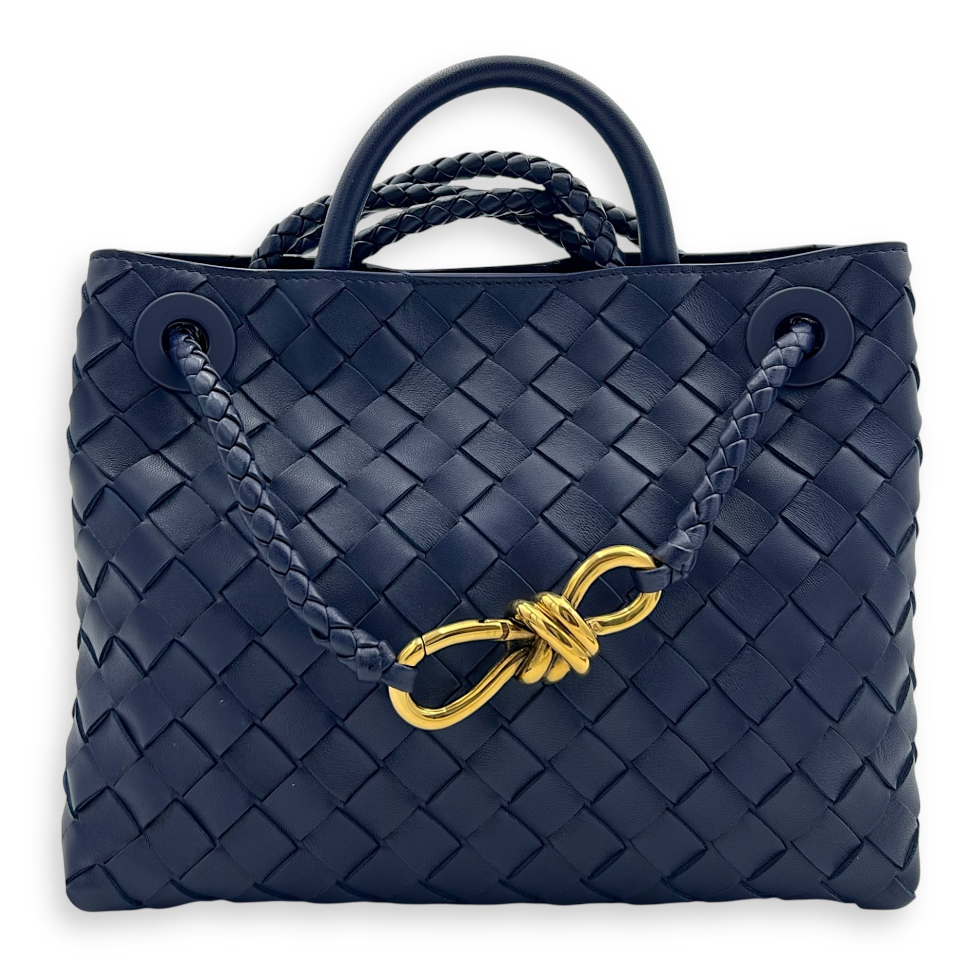 Bottega Veneta Andiamo Small Blue Top Handle Bag in Calfskin, Gold hardware_1