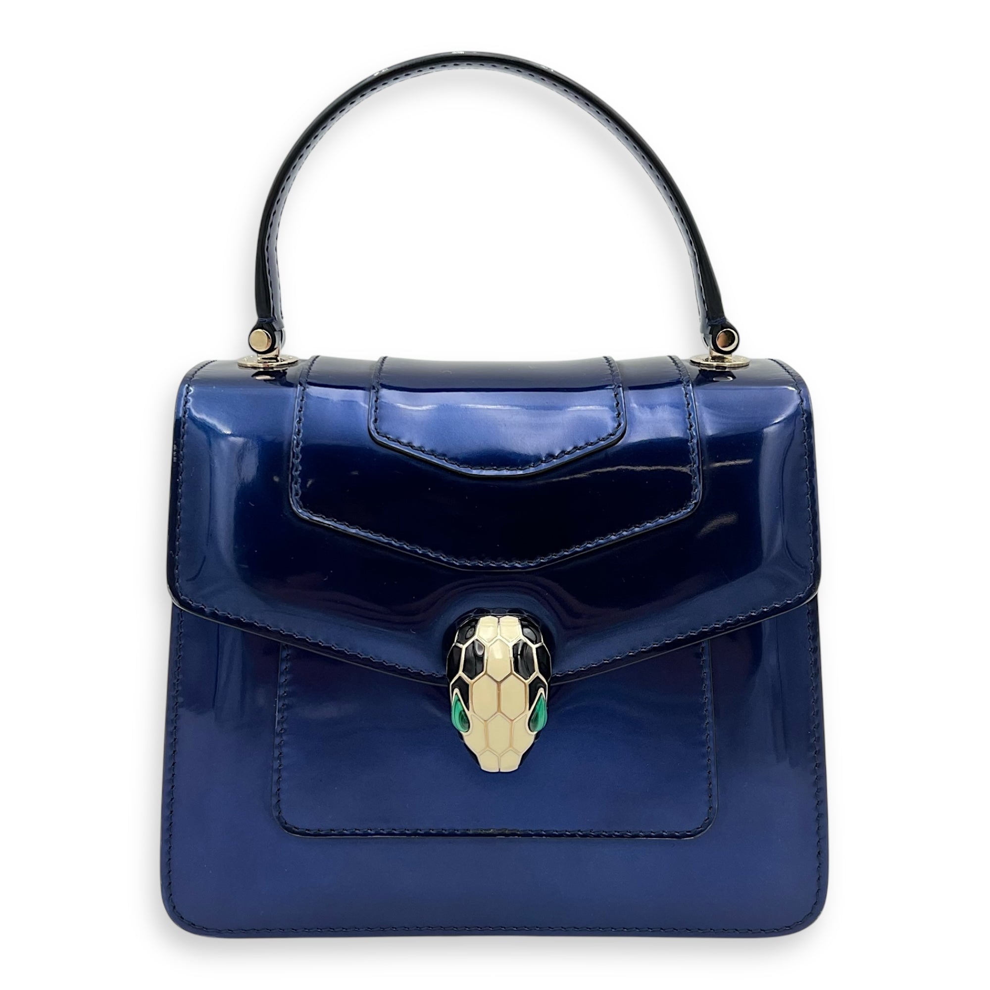 Bvlgari Serpenti Forever Top Handle Bag Blue in Patent Leather, Gold hardware_9