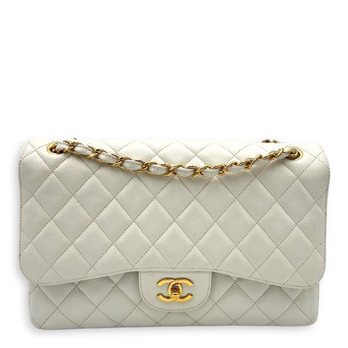 Chanel Classic Shoulder Bag Jumbo White in Caviar Leather, Gold hardware_14