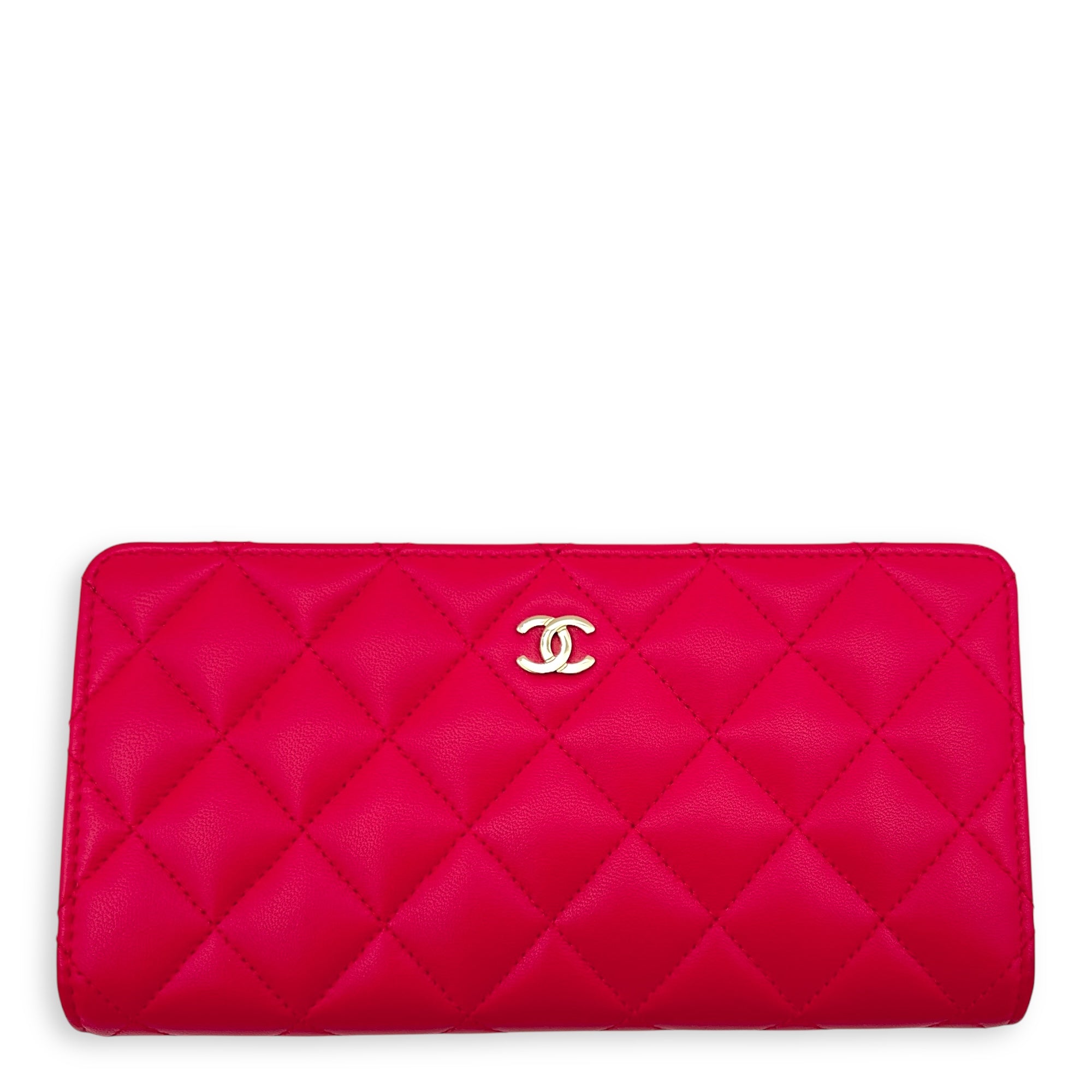 Chanel Classic Wallet Red in Lambskin, Gold hardware_8