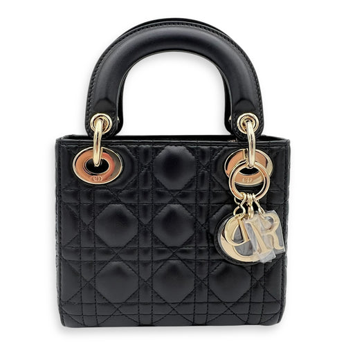 Dior Lady Dior Top Handle Bag Mini Black in Calfskin, Gold hardware_10