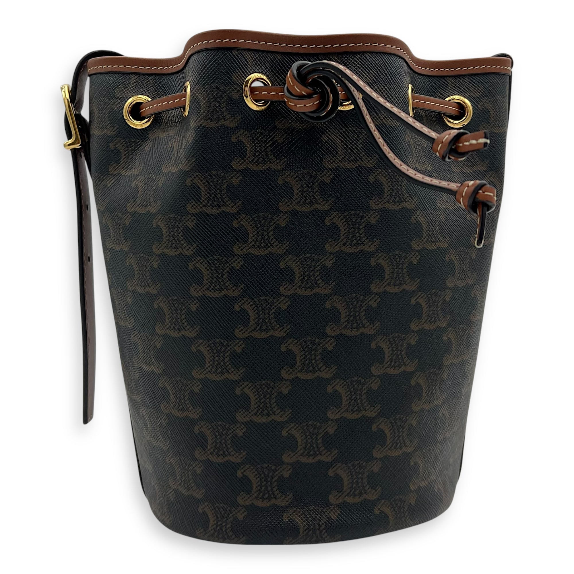 Celine Triomphe Bucket Bag Brown in Coated Canvas, Gold hardware_1