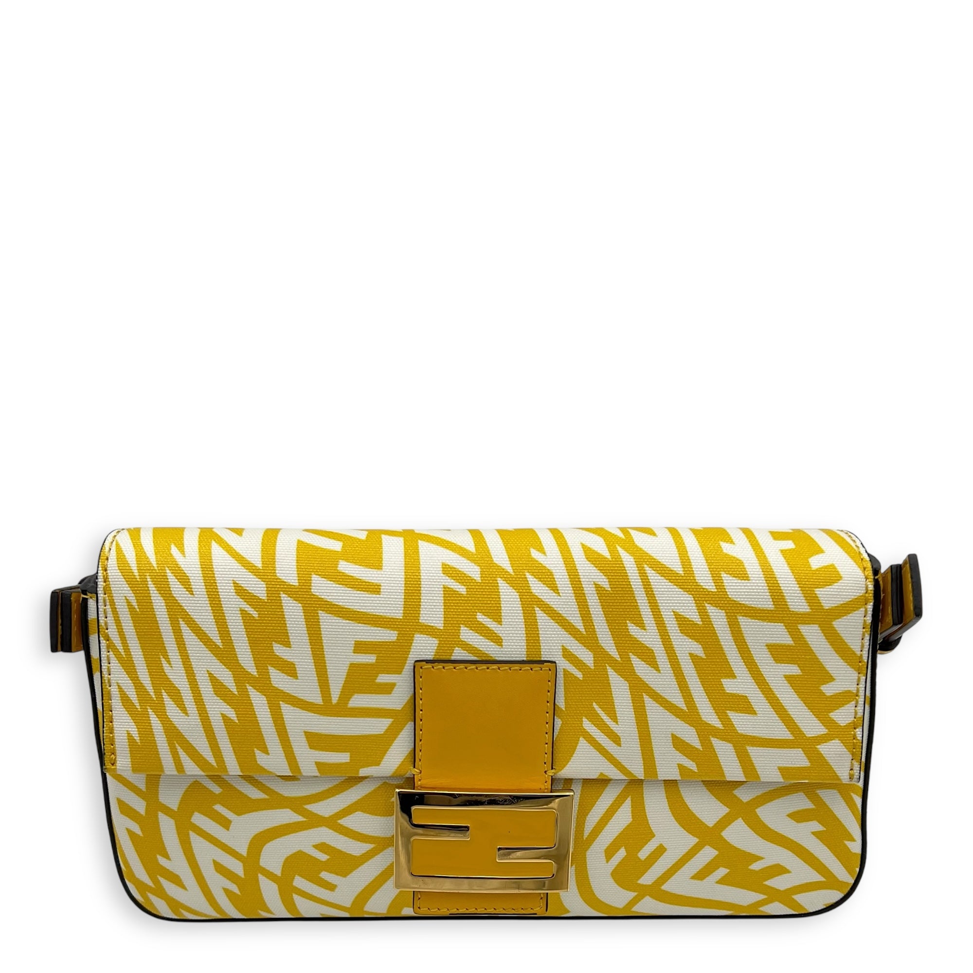 Fendi Baguette Shoulder Bag Yellow in Coated Canvas, Gold hardware_2