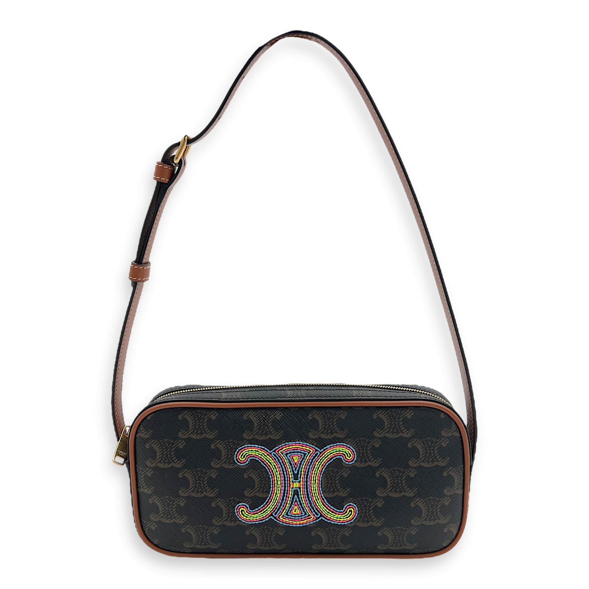 Celine Triomphe Shoulder Bag Brown in Coated Canvas, Gold hardware_1