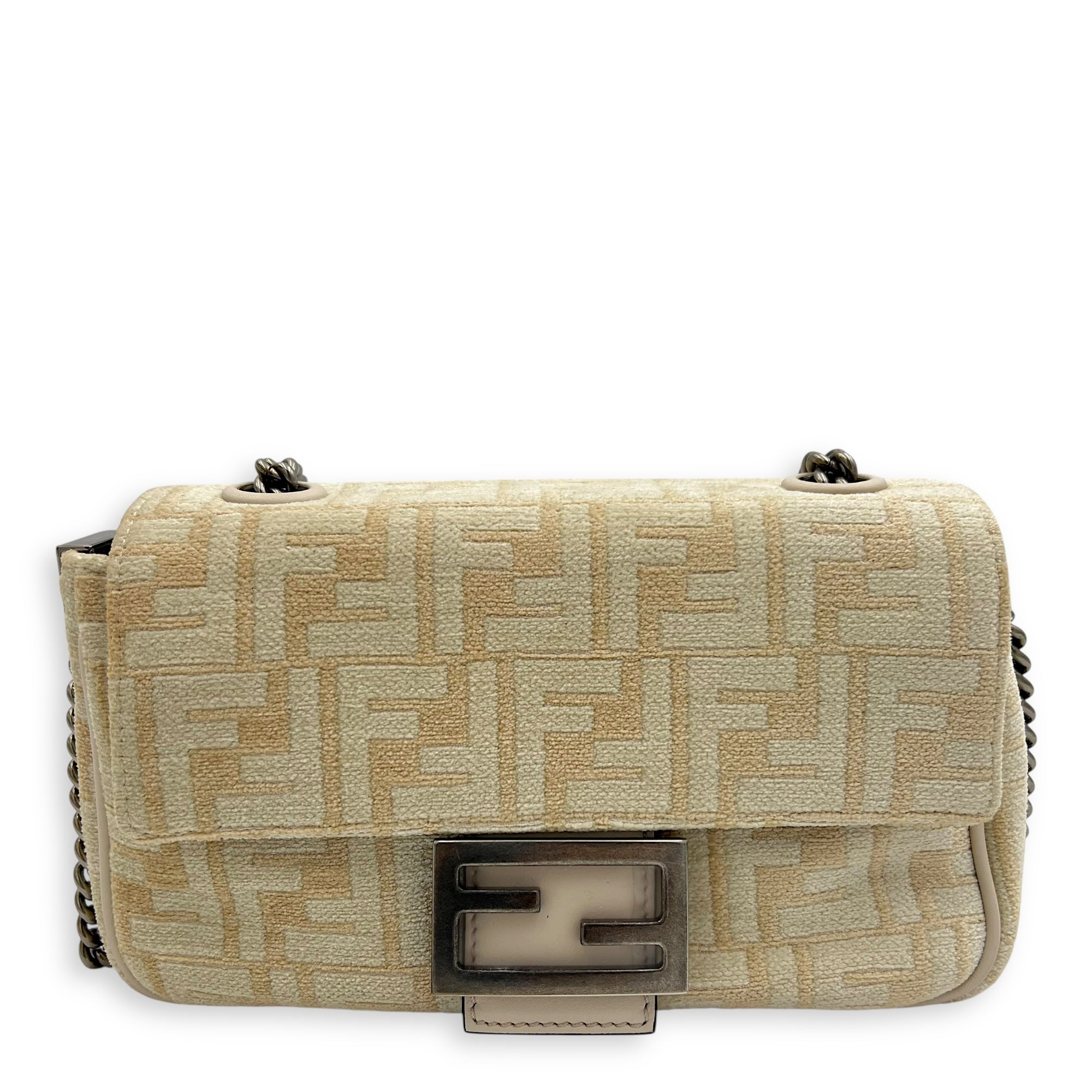 Fendi Baguette Shoulder Bag Beige in Velvet, Silver hardware_1