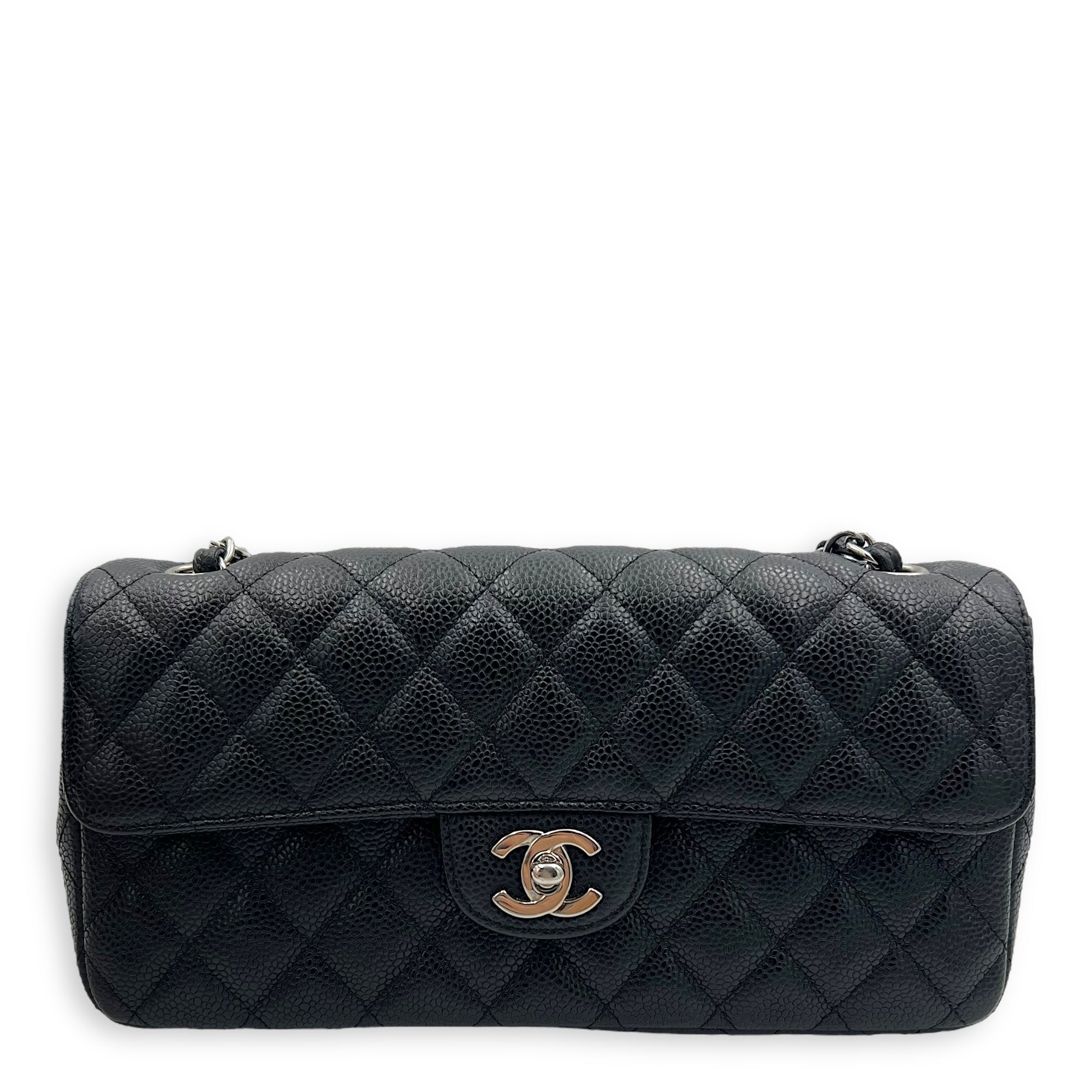 Chanel East West Flap Shoulder Bag Black in Caviar Leather, Silver hardware_1